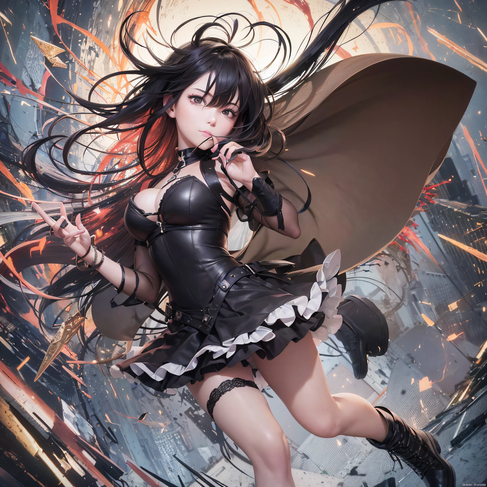 (dynamic angle:1.2), spark art, [(art by Norman Rockwell:1.2)],Best Quality, Masterpiece, Ultra High Definition, 1girl, beautiful_face, (brown eyes)evil_smile,Detailed skin, balloons, full body, dynamic angle, black hair, focus, see viewer, black eyes, hair fluttering in the wind, very long hair,red, hands up, (all while emphasizing the subject's hair, eyes, mouth, and action in a composition that is both pleasing to the eye and thought-provoking.),exuding a melancholy emotion, featuring soothing tones
