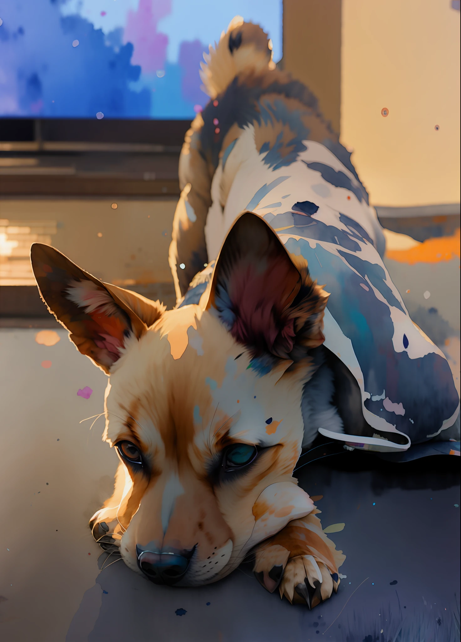 wtrcolor style, Digital art of (dog character), official art, frontal, smiling, masterpiece, Beautiful, ((watercolor)), face paint, paint splatter, intricate details. Highly detailed, detailed eyes, [dripping:0.5], Trending on artstation, by Rachel Walker