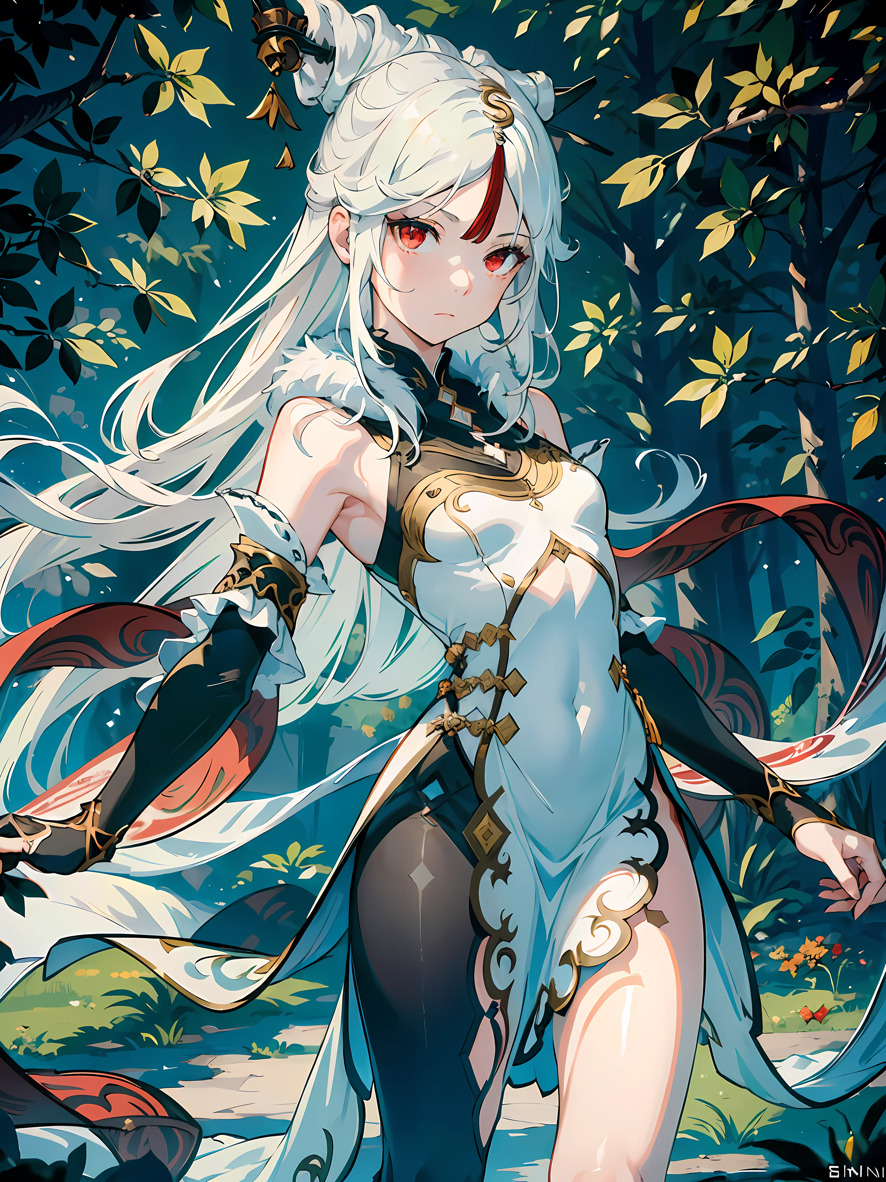 1girl, (solo:1.2), ((masterpiece)), [slim], (small chest), pale skin, ((detailed eyes)), (bokeh effect), (dynamic angle), dynamic pose, ningguangdef, white hair, long hair, white dress, (red eyes), (frown), cold, dark theme, evil, villainous, closed mouth, eyeliner