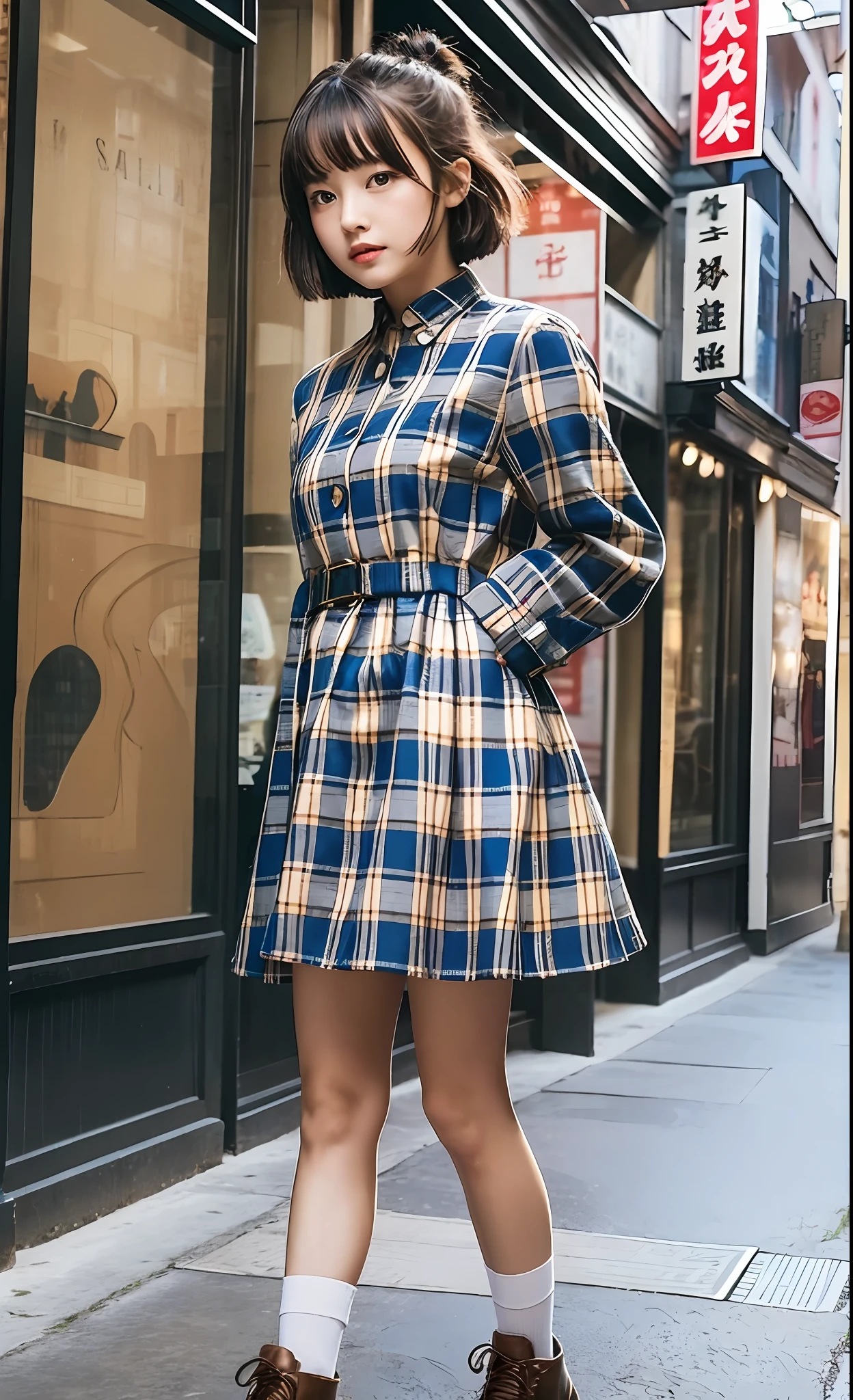 The scenery is a street lined with clothes stores. Meanwhile, a young girl is standing. She wears a tartan check shirt dress. On their feet, they wear short socks and leather shoes with thick soles. Her hair is a short bob cut with thick bangs, which are aligned. Piercing in one ear. The girl is looking around with a curious expression and seems to be preparing for a new adventure. With details that are exquisitely reproduced down to the smallest detail, please express her expression and even the texture of the fabric of the clothes. In the highest quality, draw a full-length picture of her as a fashionable, fashion snap model.