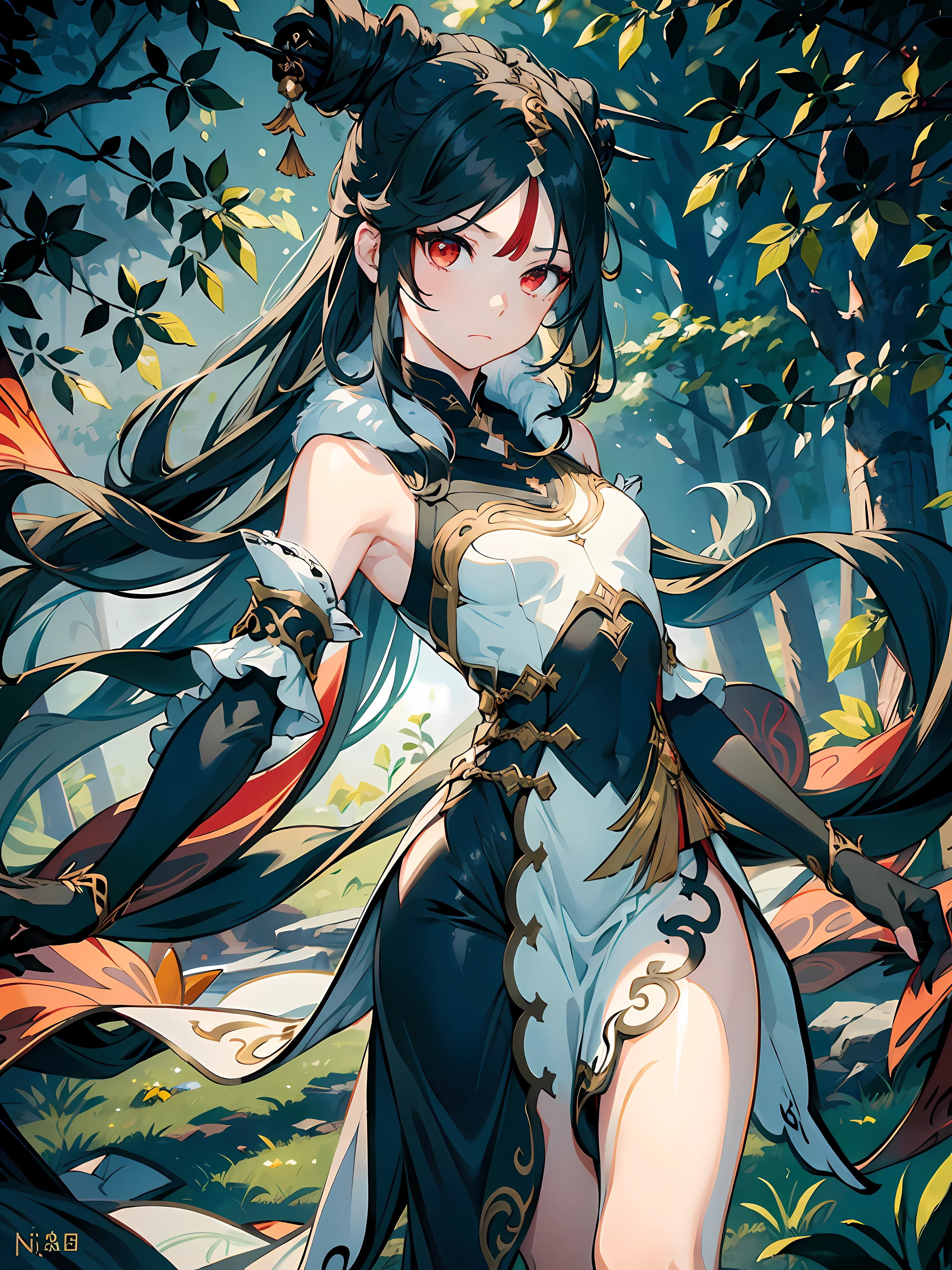 1girl, (solo:1.2), ((masterpiece)), [slim], (small chest), pale skin, ((detailed eyes)), (bokeh effect), (dynamic angle), dynamic pose, ningguangdef, black hair, long hair, black dress, (red eyes), (frown), dark theme, evil, villainous, closed mouth, eyeliner