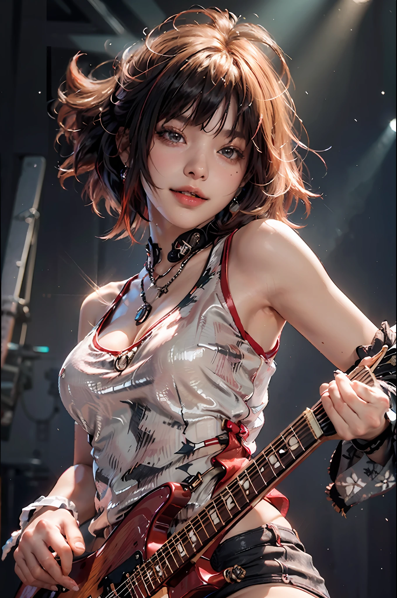 Top quality, masterpiece, ultra high definition, (photorealistic: 1.4), raw photo, cowboy shot, charming smiling girl playing electric guitar on live stage, (dynamic paw), red gradient hair, asymmetrical bangs, bob cut bob cut, cross pendant necklace, earrings, white punk rock costume, colorful live lighting, Neon lights