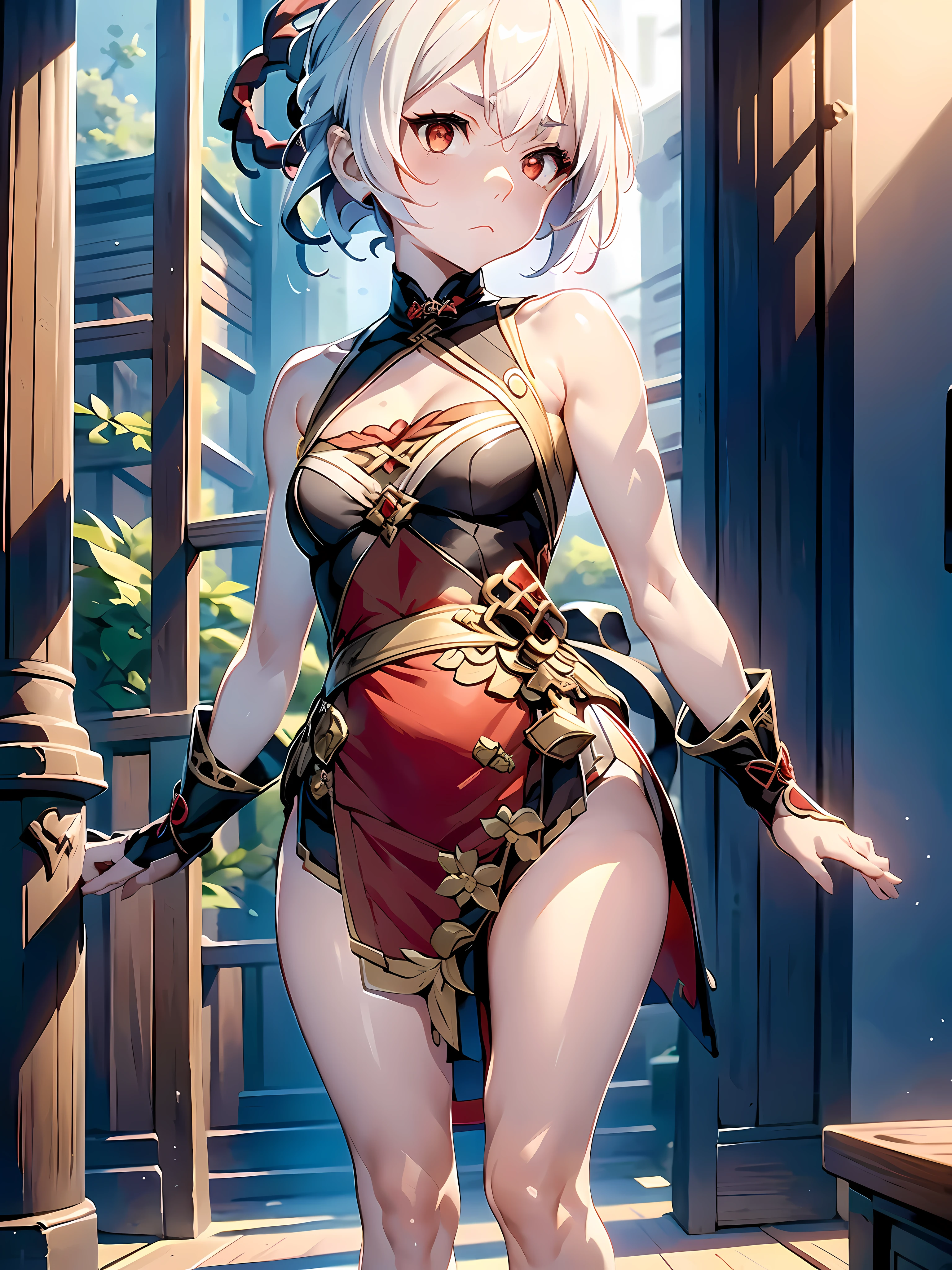 1girl, (solo:1.2), ((masterpiece)), [slim], (small chest), pale skin, ((detailed eyes)), (bokeh effect), (white hair), flame effect, (frown), annoyed, black and red dress, shoes, standing, (upper body), profile, (bright red eyes), evil, villain theme, dark theme