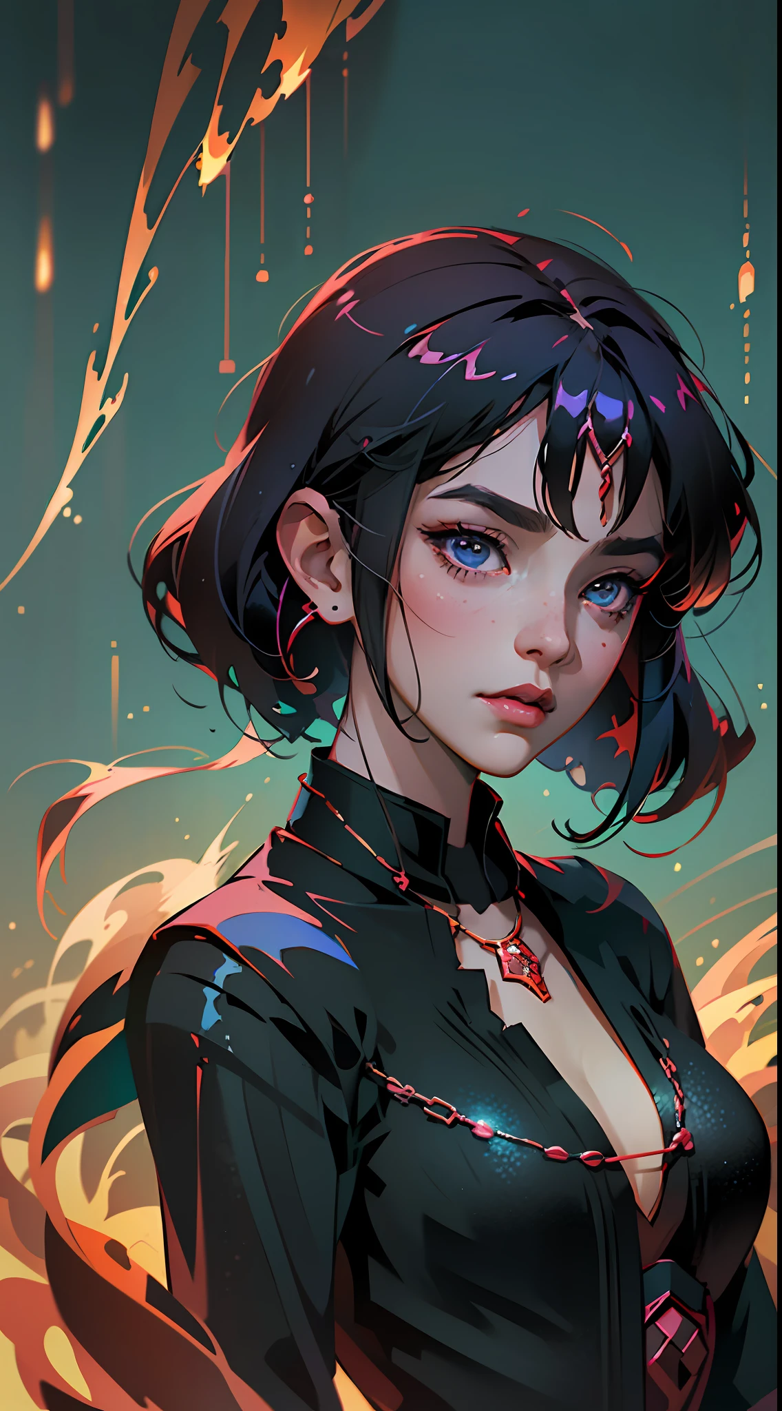 anime girl with black hair and necklace standing in front of a fire, artwork in the style of guweiz, guweiz, anime style 4 k, inspired by Yanjun Cheng, by Yang J, detailed digital anime art, anime styled digital art, a beautiful artwork illustration, digital anime illustration, digital anime art, guweiz on artstation pixiv