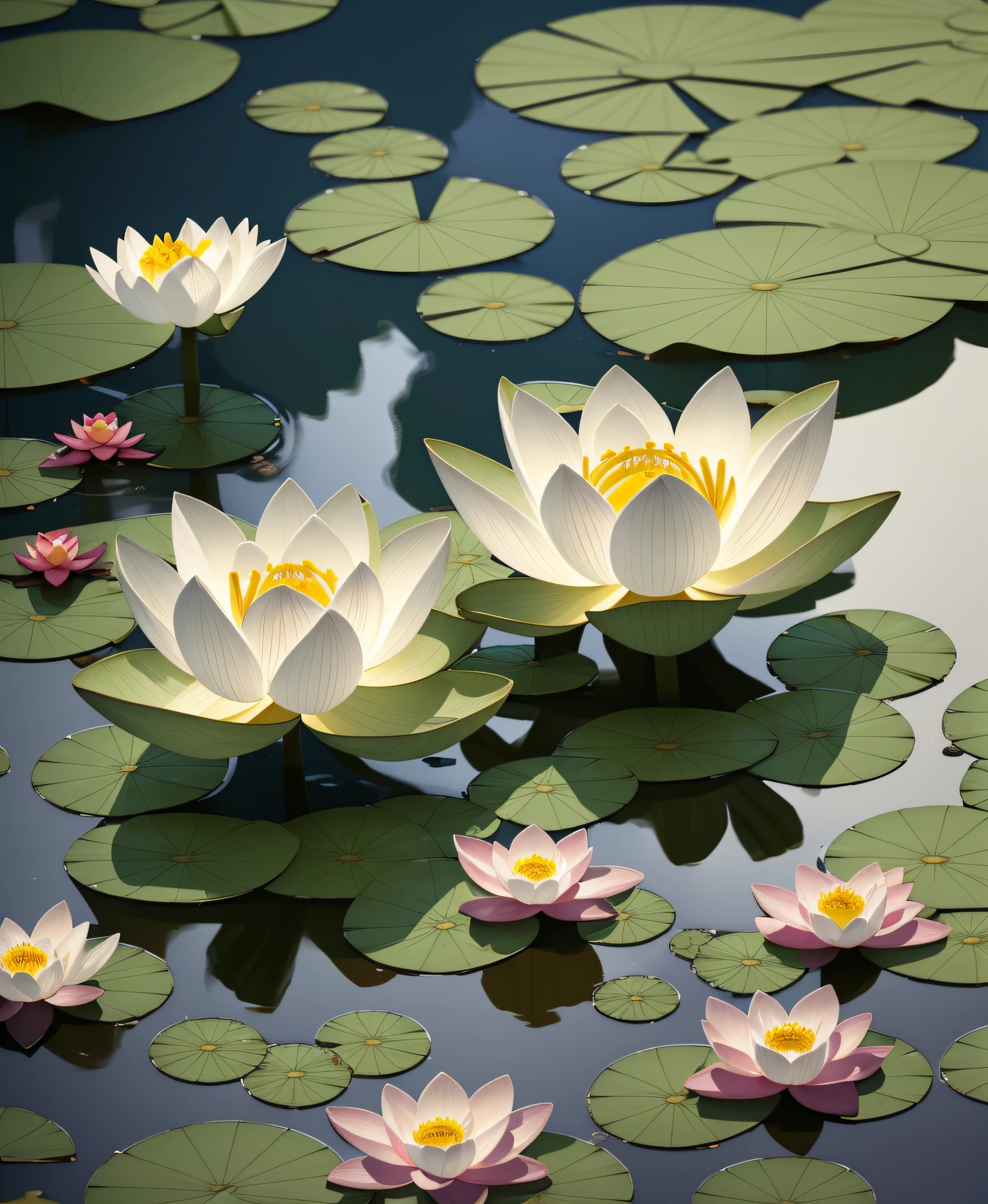 top wiew on lotus flowers on the water surface, highly detailed render, concept art, octane render, sunny mystical atmosphere
