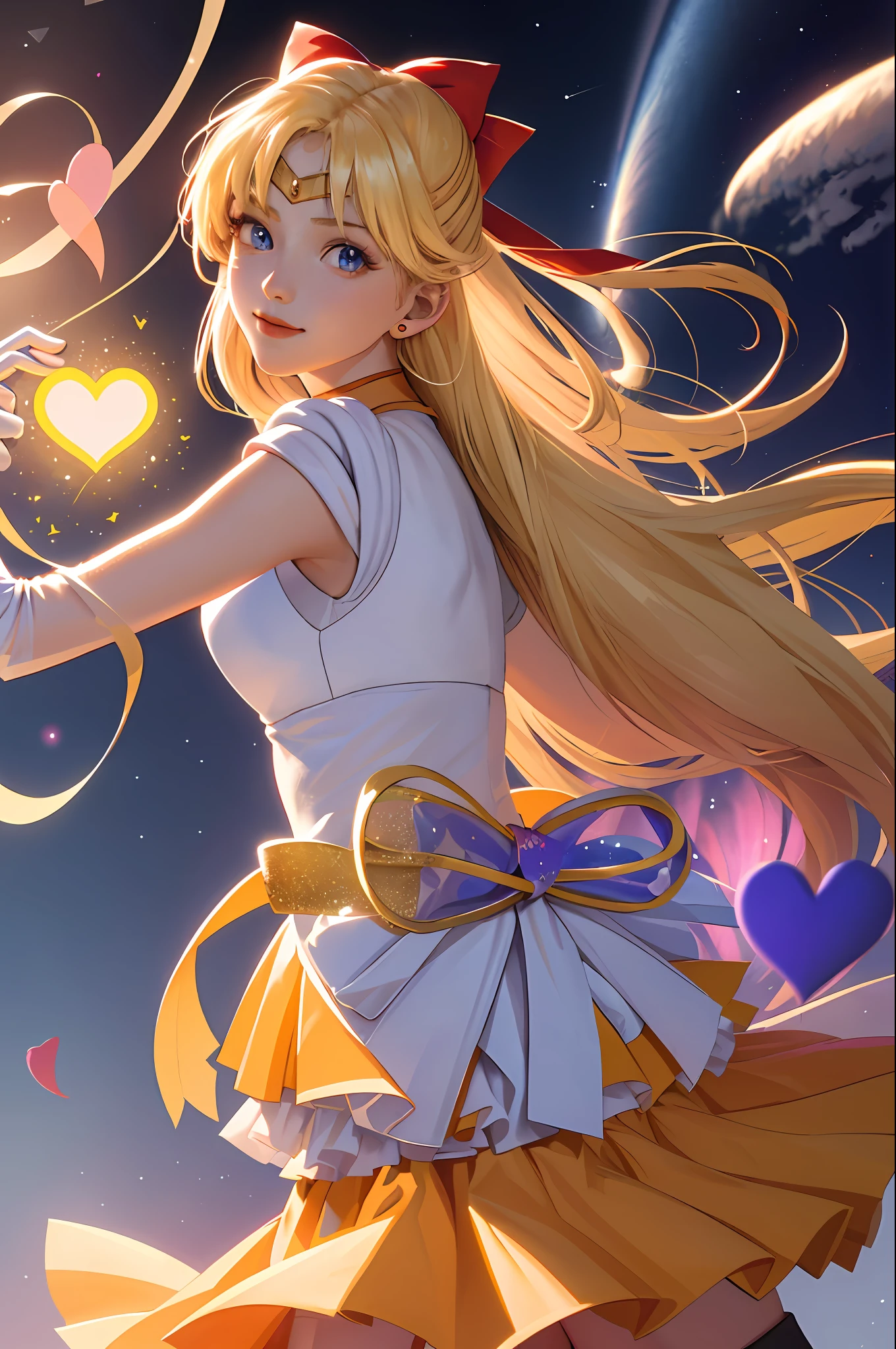 (masterpiece, best quality;1.3), extremely detailed CG, ultra detailed, 1girl, solo, smile, looking at viewer, stylish ungle, blonde long hair,blue eyes,
sv1, sailor senshi uniform, orange skirt, elbow gloves, tiara, orange sailor collar, red bow, orange choker, white gloves, jewelry, from above,
many hearts, face focus,Venus,tornado,abstract background, hearts storm, haert beam, heart bubbles, heart baloons, haert stars, heart flowers, HEART LIGHTS, heart world, heart background, galaxy background, heart weapon, heart aura,