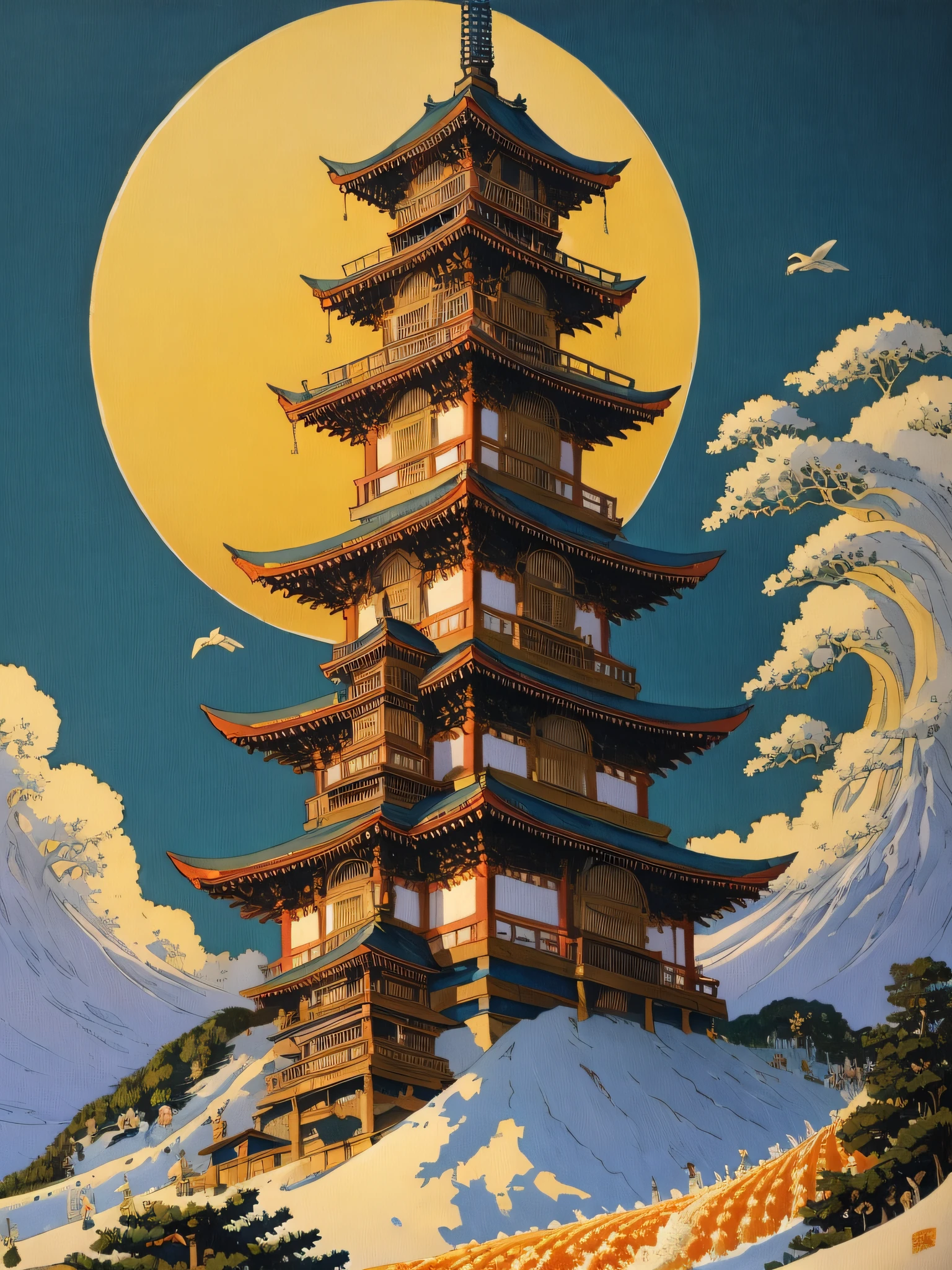 (Best quality),(masterpiece),(ultra detailed),(high detailed),(extremely detailed),The Shining Tower by Hokusai, Doug Chiang, Norman Rockwell, Studio Ghibli, realistic painting, oil painting