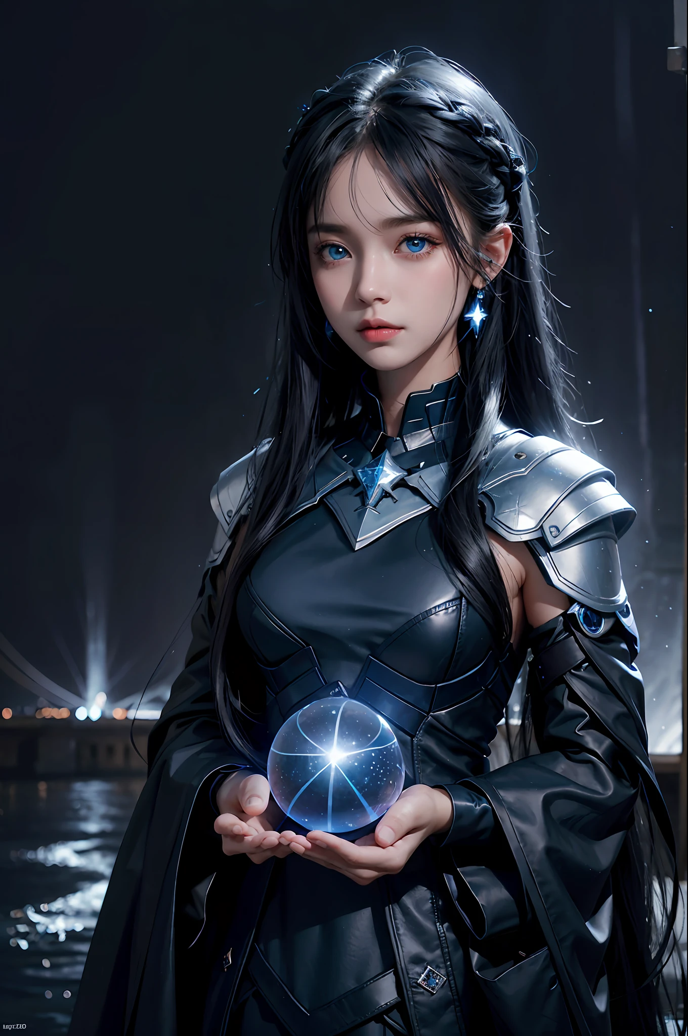 Blue starry sky, black long-haired girl, blue fog, cute, bright blue eyes, holding stars, dark colors, brilliant starry rivers, water, hazy beauty, confusion, dark, detail portrayal, light and shadow portrayal, artificial intelligence, science fiction, earrings