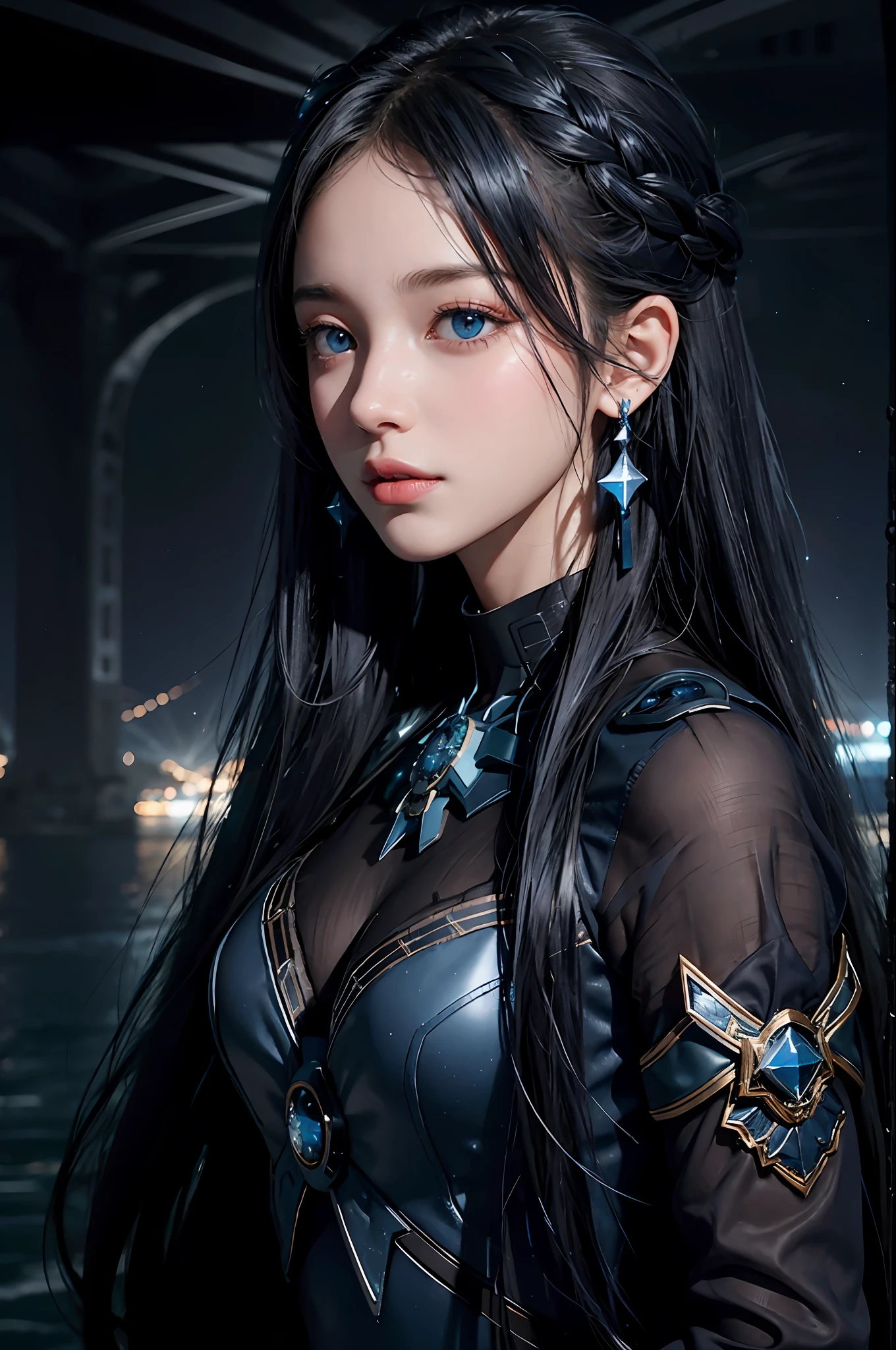 Blue starry sky, black long-haired girl, blue fog, cute, bright blue eyes, holding stars, dark colors, brilliant starry rivers, water, hazy beauty, confusion, dark, detail portrayal, light and shadow portrayal, artificial intelligence, science fiction, earrings