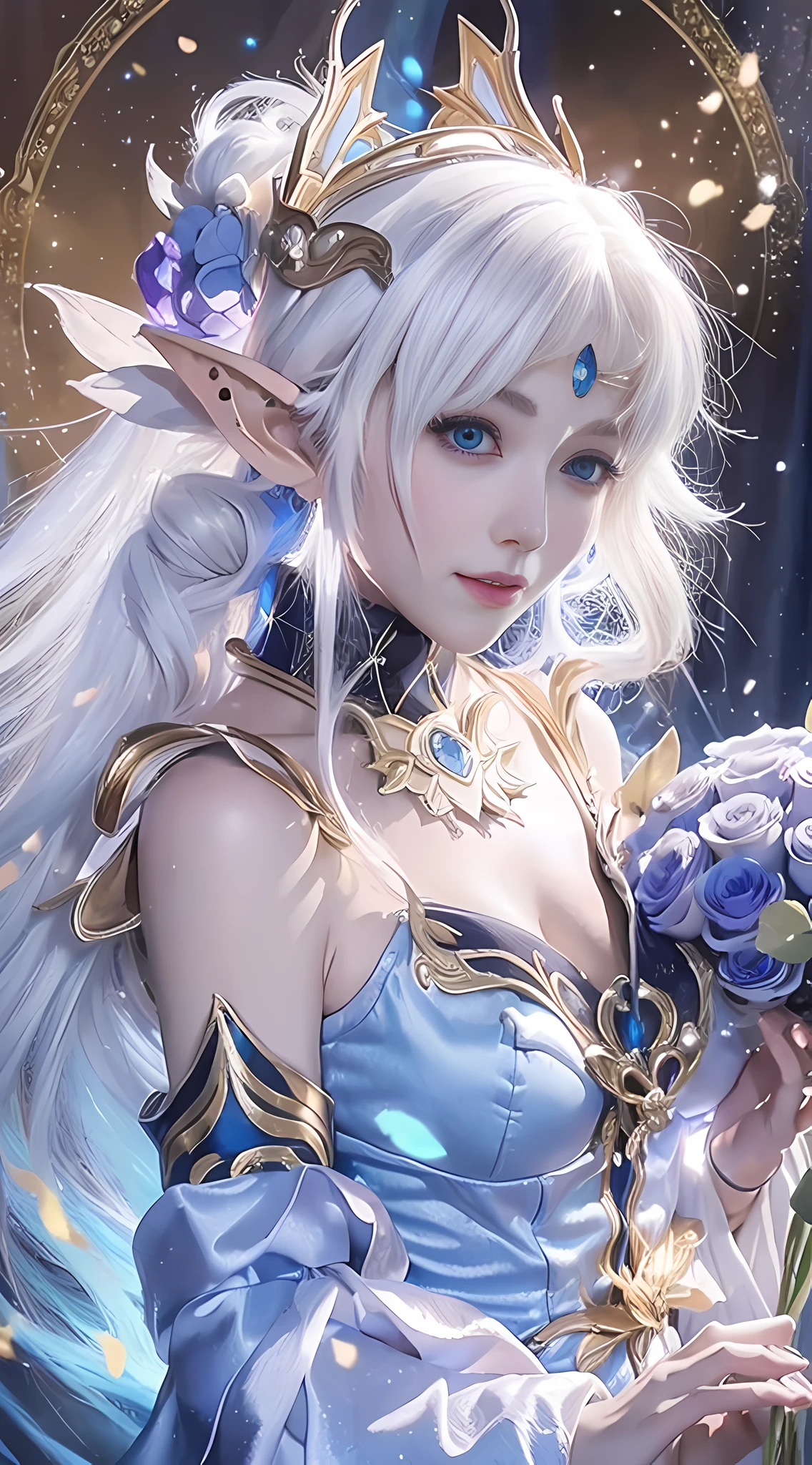 anime girl with white hair and blue dress holding a bouquet, beautiful celestial mage, beautiful character painting, extremely detailed artgerm, beautiful and elegant elf queen, wlop rossdraws, 8k high quality detailed art, fantasy art style, anime fantasy illustration, by Yang J, detailed fantasy art, fanart best artstation, wlop and rossdraws