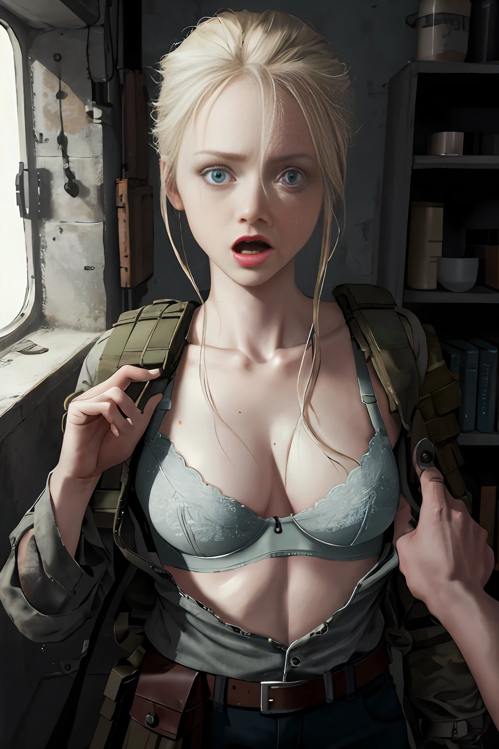 real photo, dystopians style, 1girl, scared Finnish blonde, 25 years, perfect body, troops, war, apocalypse, pov, pov hands, assisted exposure, pulled by another, lifted by another, undressing another, grabbing, pulling, clothes pull, bra pull, shirt pull, small soft breasts, natural breasts, scared, screaming, open mouth, Ultra detailed, masterpiece, hyper realistic photo, extra detailed face and eyes, extra detailed skin, film photography, cinematic light