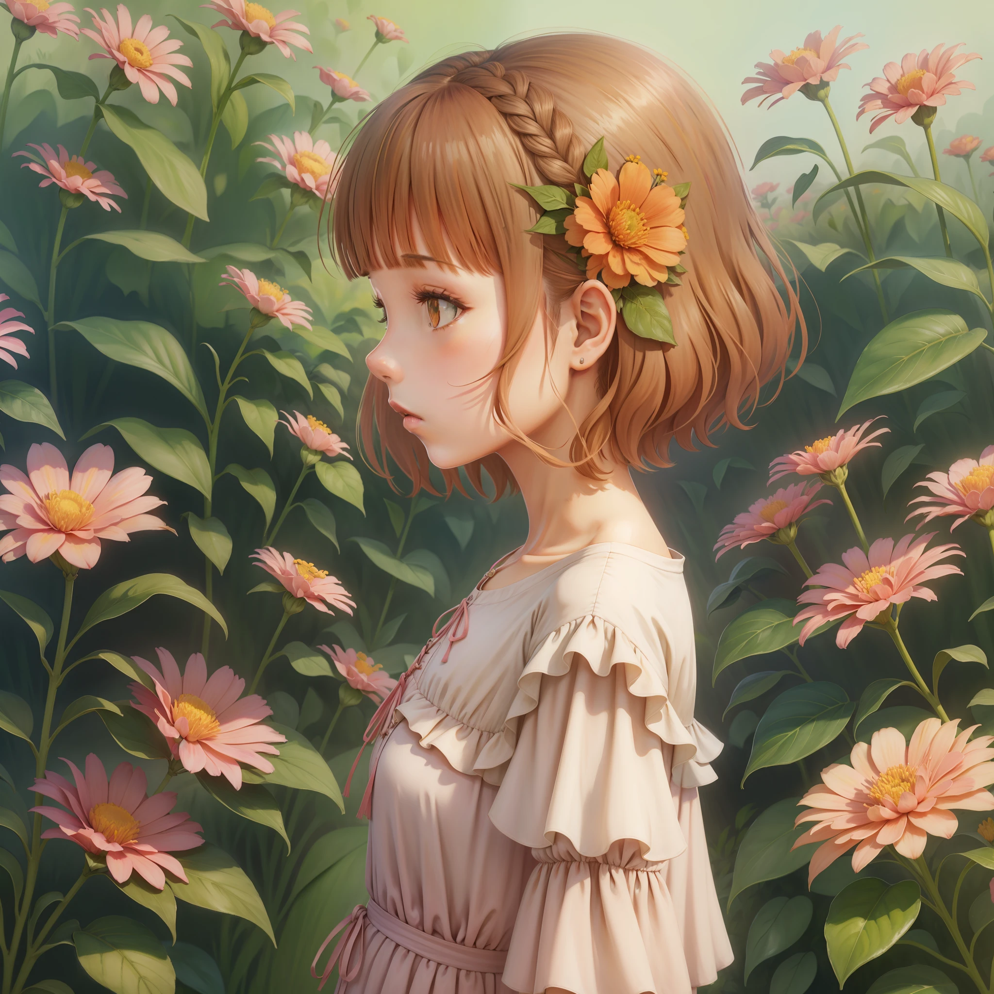 watercolor, 1girl, flower, solo, dress, short hair, profile, red flower, short sleeves, yellow flower, white dress, orange flower, blush, bangs, brown hair, leaf, pink flower, purple flower, plant, standing, outdoors