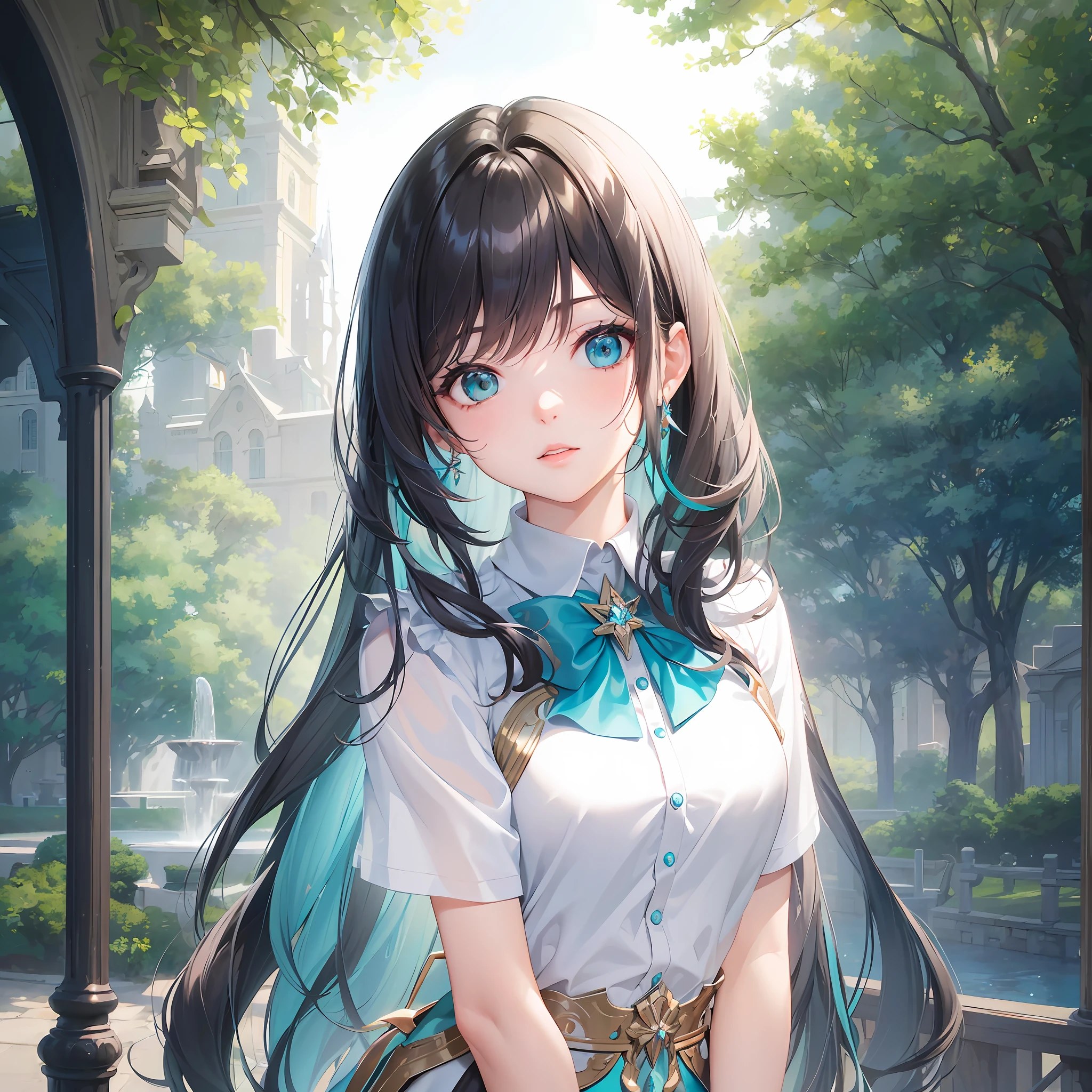Masterpiece, best quality, extremely detailed CG unity 8k wallpaper, daytime, fair skin, long eyelashes, long hair and waist, black hair, gradient hair, turquoise at the end of the hair, turquoise eyes, straight hair, maid dress, beautiful long neck, bumpy figure, front, upper body, highest image quality, aesthetic, extremely beautiful