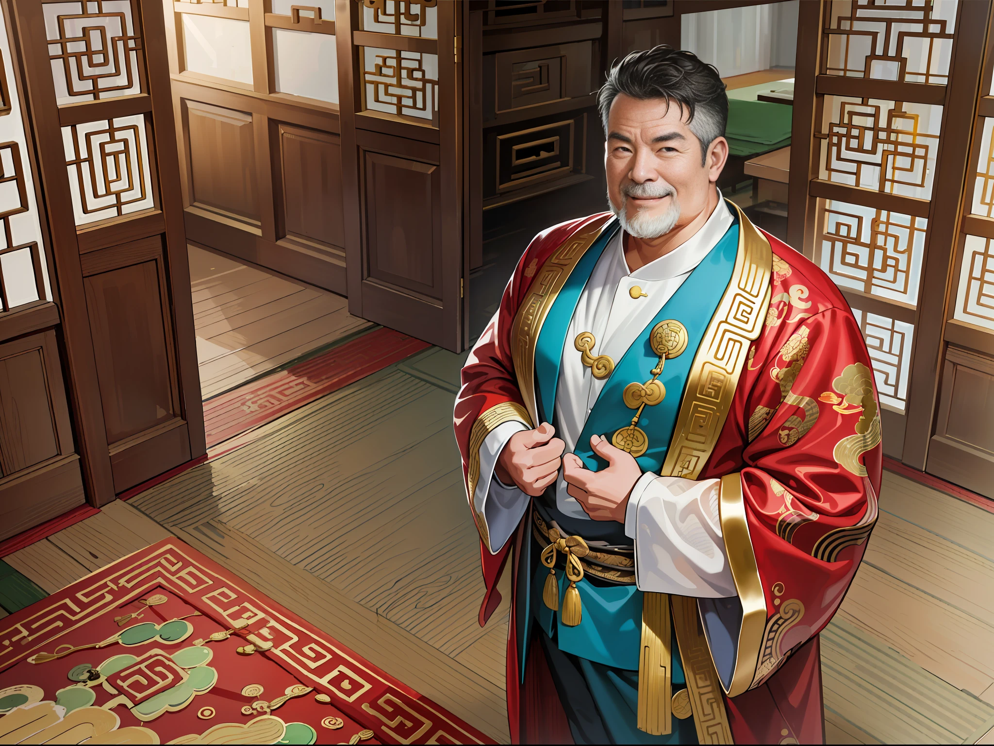 (ridiculous, high resolution, super detailed, realistic,), 1 middle-aged fat man, standing outside the door, 50 years old, nodding happily, hands on his back, head down, happy, happy, Qing dynasty style, gold theme robe, greasy, rich, rich man, room, ancient Chinese style, HD photo.
