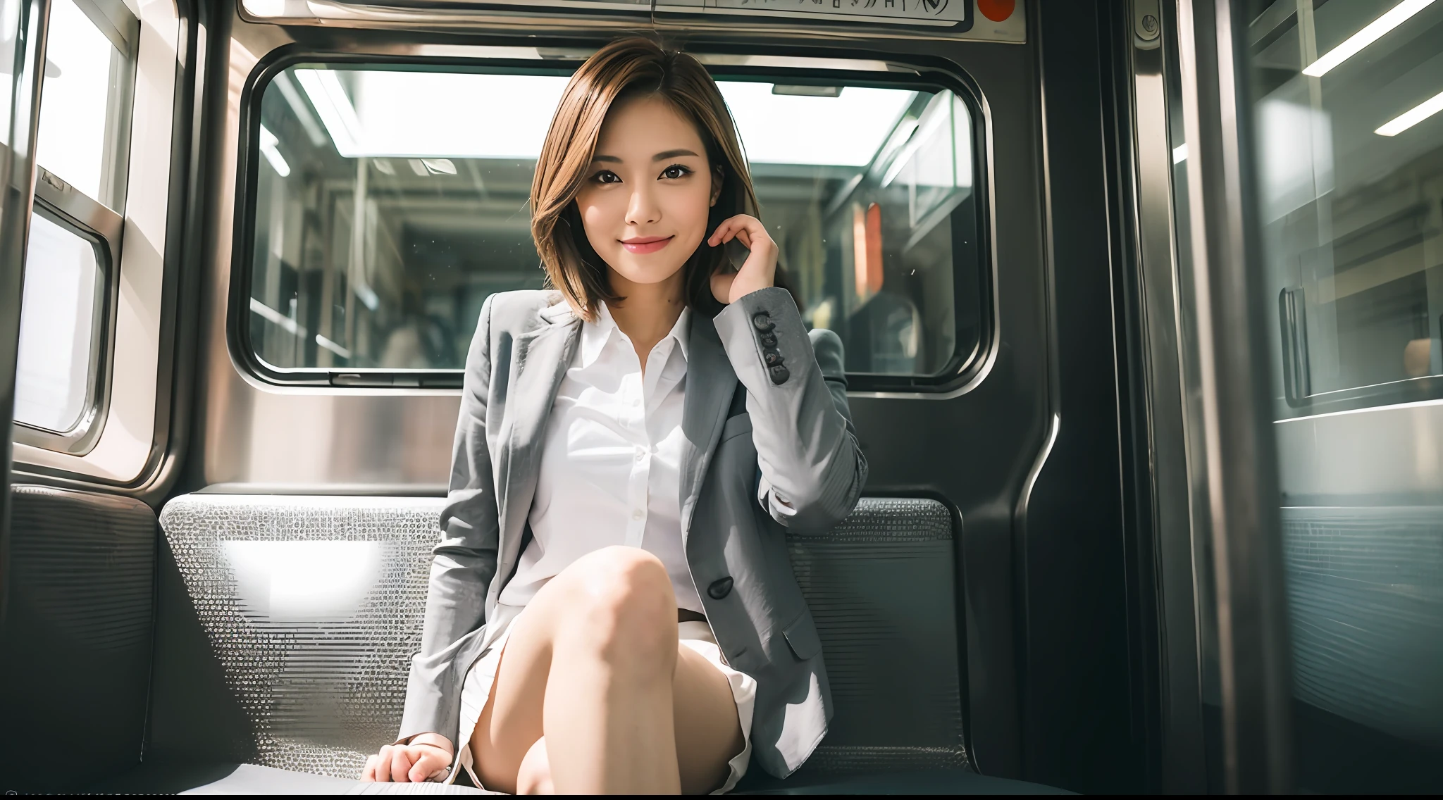(Masterpiece:1.3), (8K, Photorealistic, RAW Photography, Best Quality: 1.4), Japan People, Beautiful Face, (Realistic Face), (Medium Hair:1.3), Realistic Eyes, Beautiful Eyes, Beautiful Eyes, (Realistic Skin), Beautiful Skin, Attractive, Ultra High Definition, Ultra Realistic, High Definition, Office Lady, On the train, Mini skirt, Sit with legs spread, Sit with crotch open, When you look at the beholder,smile, White shirt, Jacket, Hide the crotch with your hands, panchira, standing knees, composition seen from below,