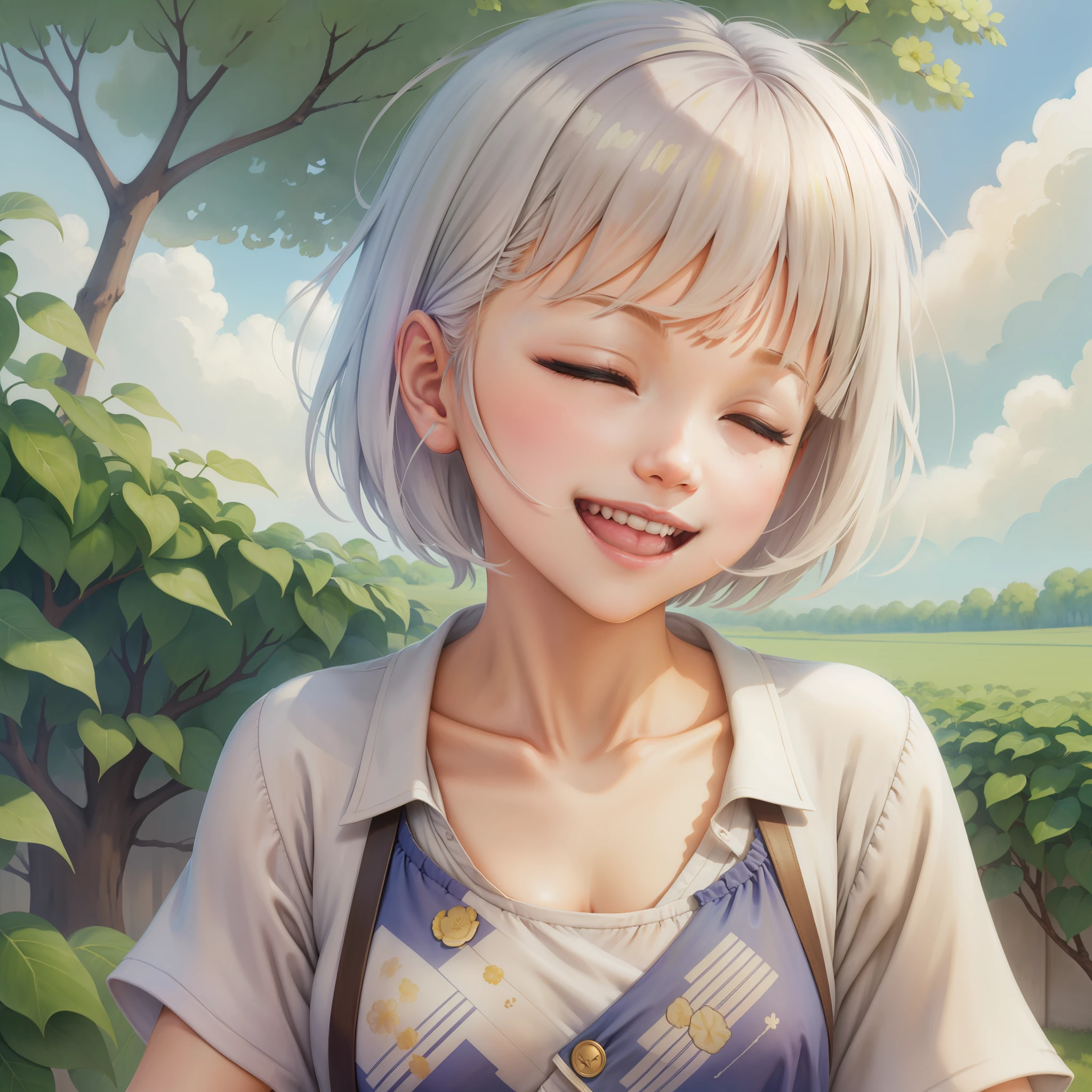 watercolor, 1girl, solo, smile, closed eyes, sky, open mouth, cloud, blue sky, white hair, blush, shirt, bangs, day, outdoors, white shirt, teeth, short hair, upper body, :d, medium hair, facing viewer