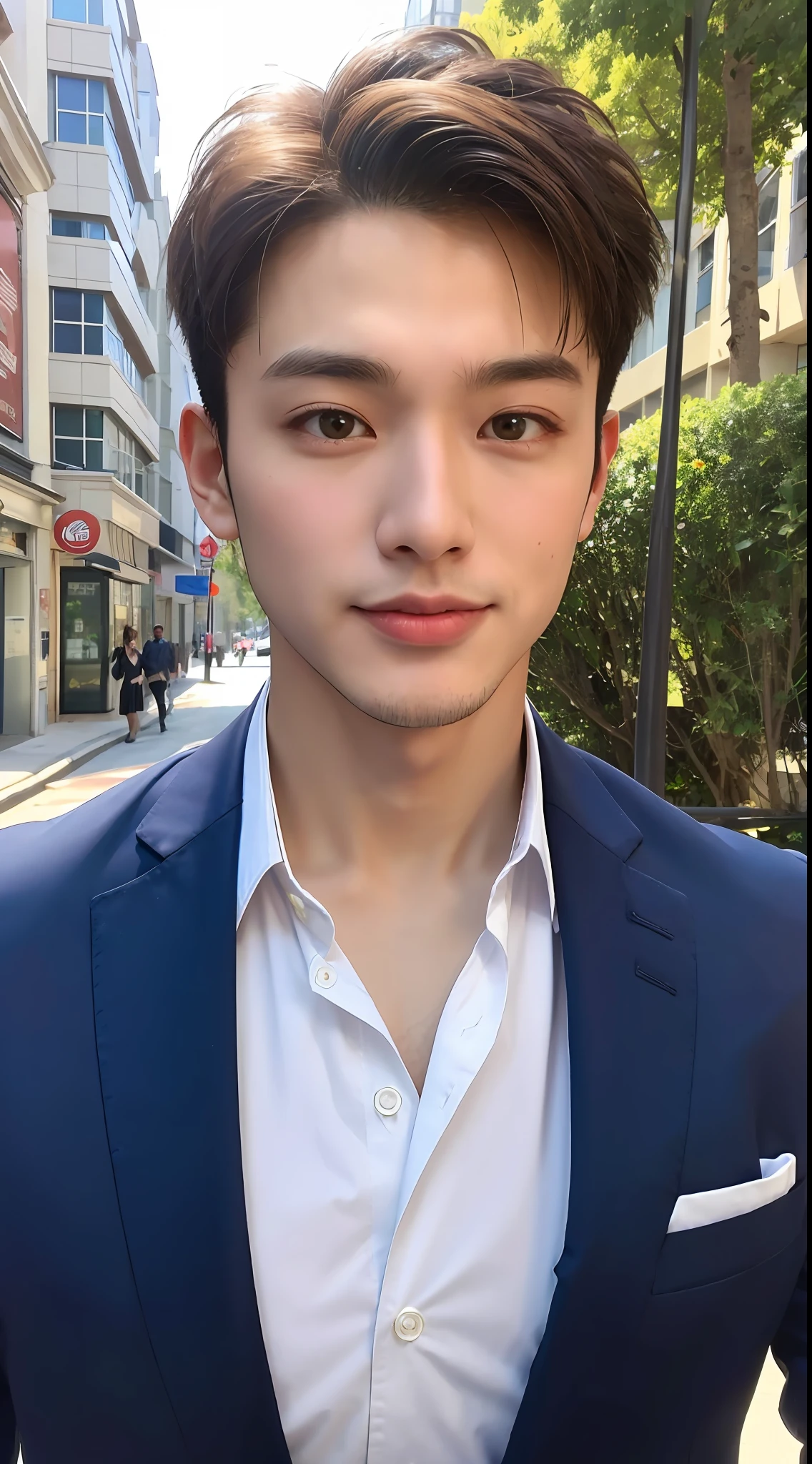 1boy, 26 years old Asian male, (male:1.5), big eyes, detailed eyes, fine face, (very short hair: 1.3), under_cut, ((shirt)), ((suit)), (handsome, sharp), smile,))), (stout muscular body), (stout physique), outdoors, detailed background, modern city, real image, empty street