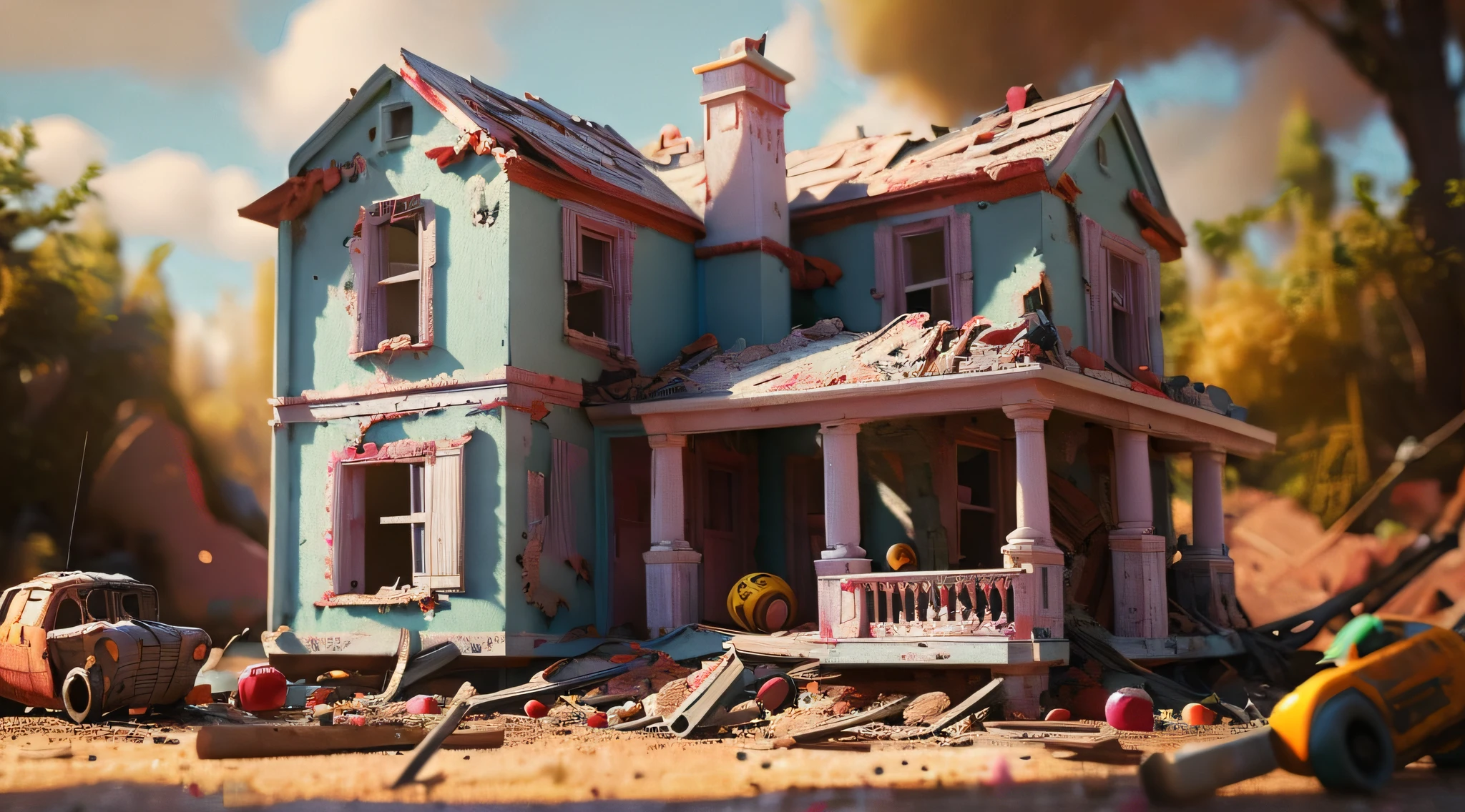(Best quality),(masterpiece),(ultra detailed),(high detailed),(extremely detailed),destroyed and decaying toy home, paint scheme, realistic, cinematic, concept art, 3D render, film light, cinematic, establishing shot, bright colours