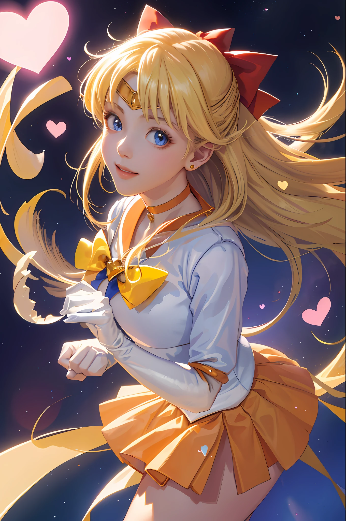 (masterpiece, best quality;1.3), extremely detailed CG, ultra detailed, 1girl, solo,  smile,  looking at viewer, stylish ungle, blonde long hair,blue eyes,
sv1, sailor senshi uniform, orange skirt, elbow gloves, tiara, orange sailor collar, red bow, orange choker, white gloves, jewelry, from above,
many hearts, face focus,Venus,tornado,abstract background, hearts storm, haert beam, heart bubbles, heart baloons, haert stars, heart flowers, HEART LIGHTS, heart world, heart background, galaxy background, heart weapon, heart aura,