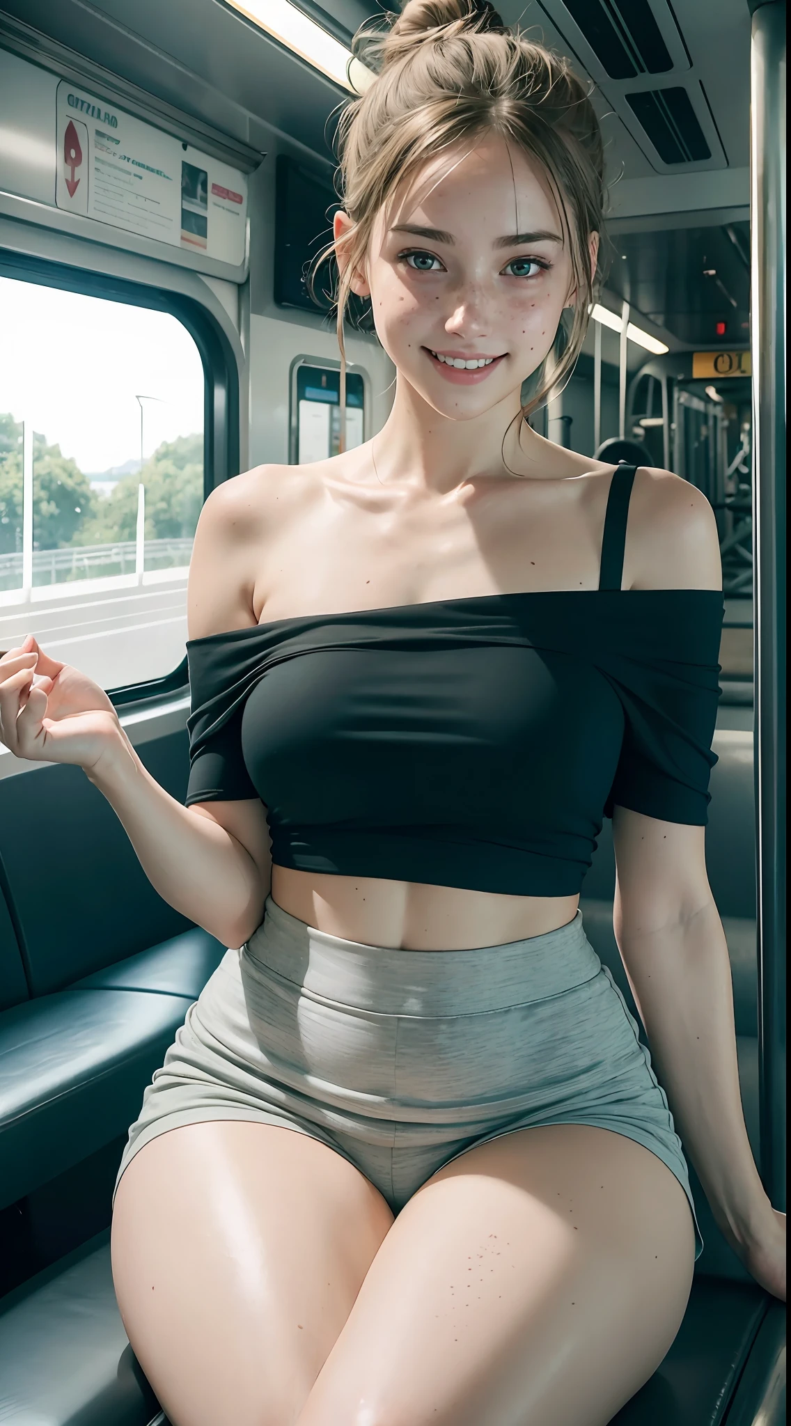 Raw photo, candid, textured skin, ((dynamic pose), improper sitting:1), off-shoulder tee, (gym shorts), 1girl, slender body, pale skin, messy bun, heterochromia, freckles, smiling, thick thighs, (wide thigh gap:1.2), inside a train, photorealistic, best quality, 8k, masterpiece