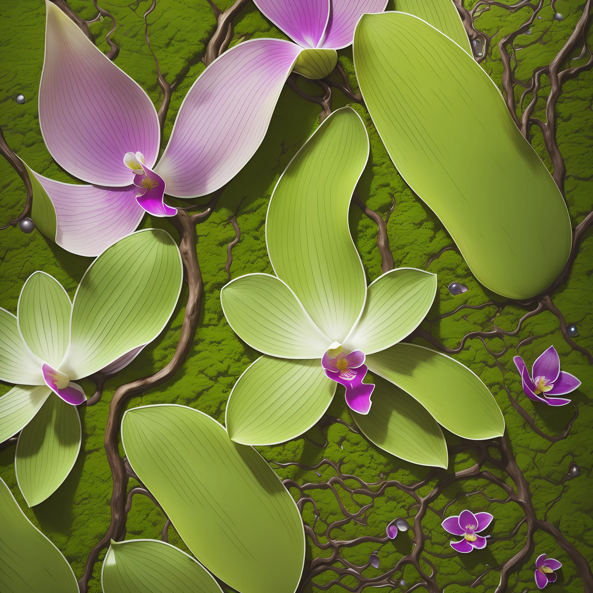 Computer Visualized Graphics, Realistic Fantasy, Extensive Landscape Ultrasound Photography (general view showing water, reflection, roots braiding the glass, orchid inside, tree, moss, water lilies, berries, dawn, fog), blurred background, gloomy, yellow, green, purple background, pink, warm, magic, "Hyper-realistic textures," "Precise details," "Realistic still life," "Realistic portraits," "Realistic landscapes." --auto --s2