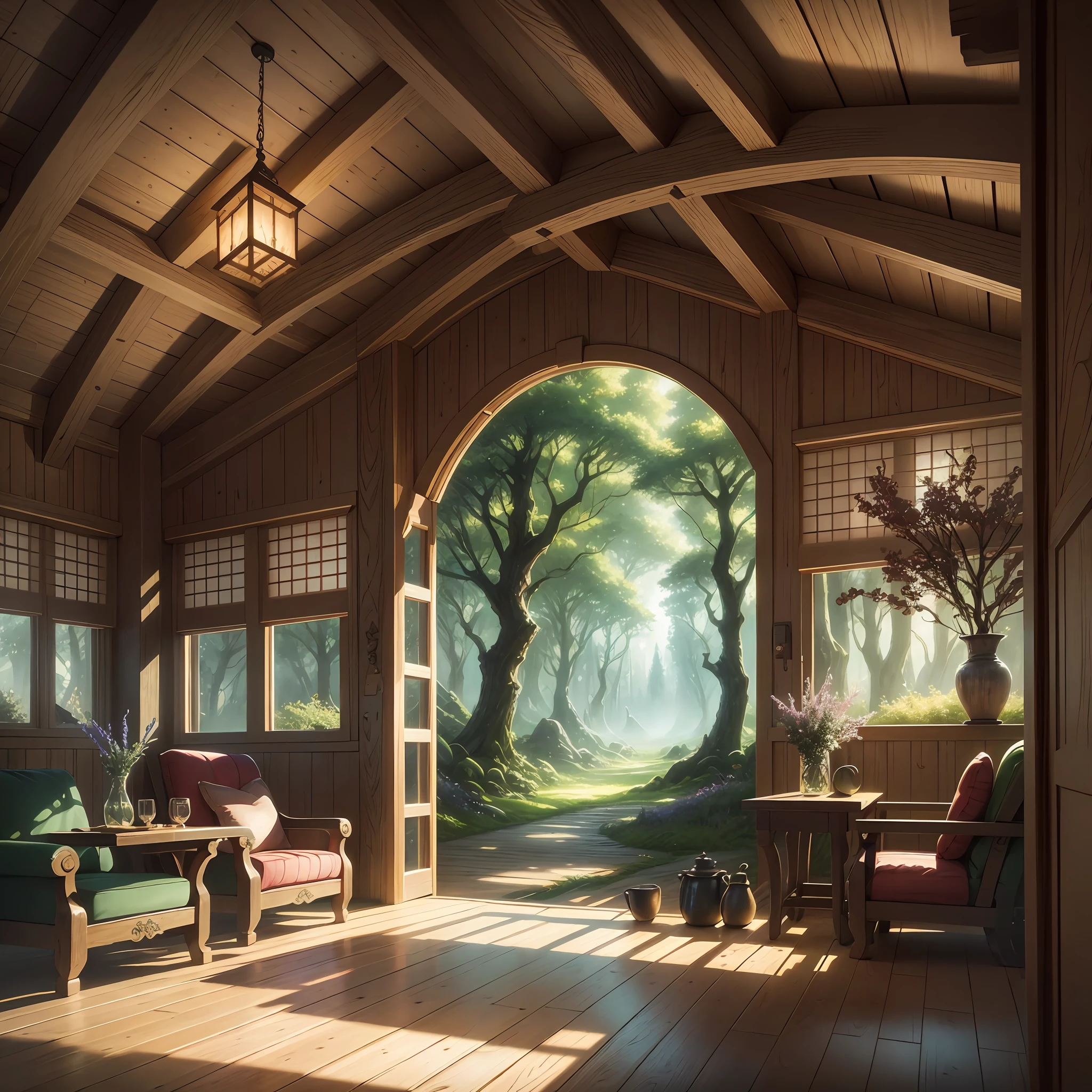 anime - style painting of a clearing in the wood with a cozy lodge, a cozy magical wood, fantasy scene, stylized wood fantasy artwork, fantasy lodge, realistic fantasy illustration, beautiful render of a fairytale, fantasy matte painting, cute lodge, a beautiful artwork illustration