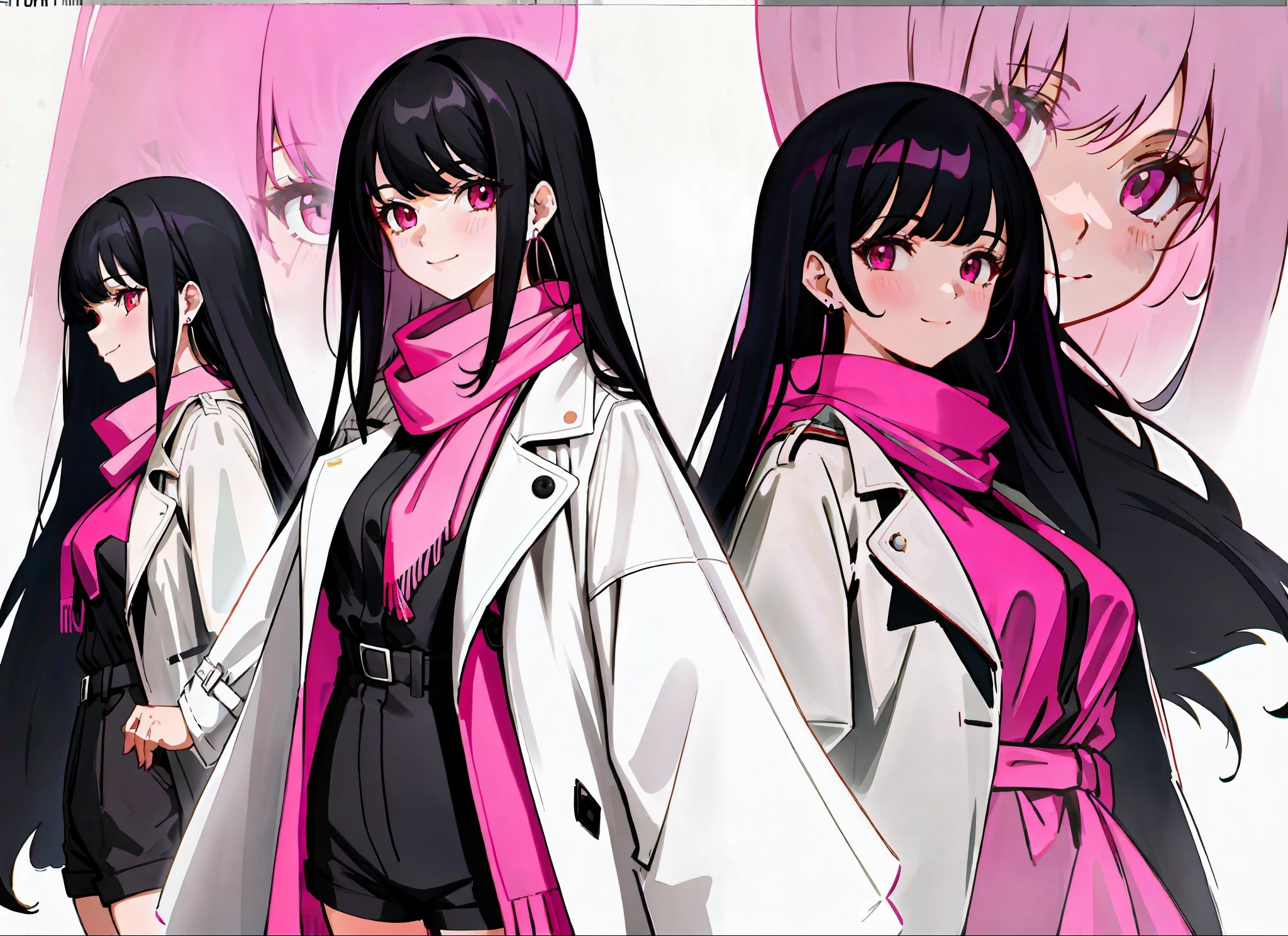 The photographic style role of a girl in a long white trench coat has long black hair, partial bangs, bright pink eyes, pink scarf, black shorts, pink earrings, looks forward with a determined expression, smiles, and a very detailed face. MULTIPLE VIEWS OF THE SAME CHARACTER WEARING THE SAME DRESS, ARTWORK BY SMOOSE2, ANALOG STYLE, MODELSHOOT STYLE, NSFW, NUDITY