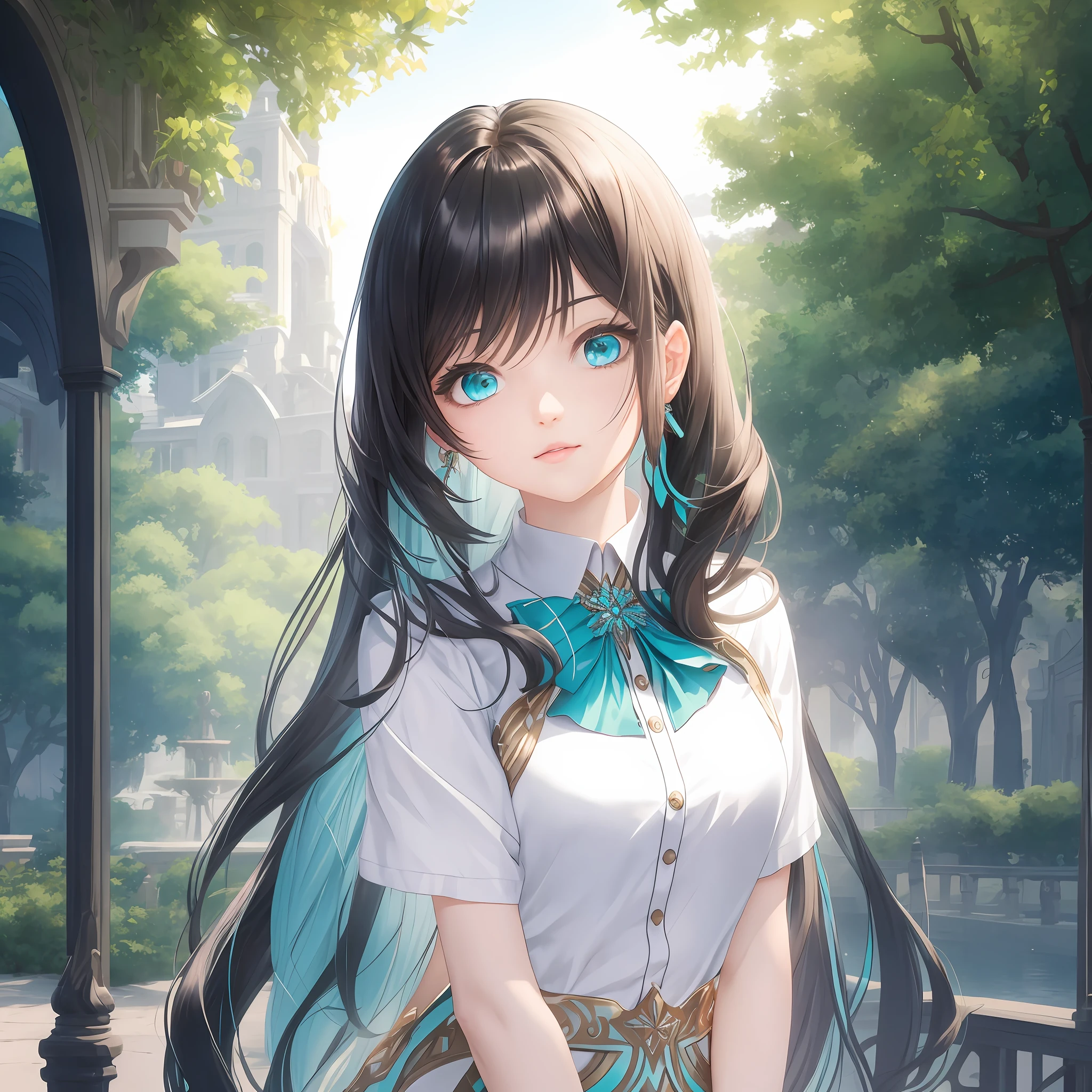 Masterpiece, best quality, extremely detailed CG unity 8k wallpaper, daytime, fair skin, long eyelashes, long hair and waist, black hair, gradient hair, turquoise at the end of the hair, turquoise eyes, straight hair, maid dress, beautiful long neck, bumpy figure, front, upper body, highest image quality, aesthetic, extremely beautiful