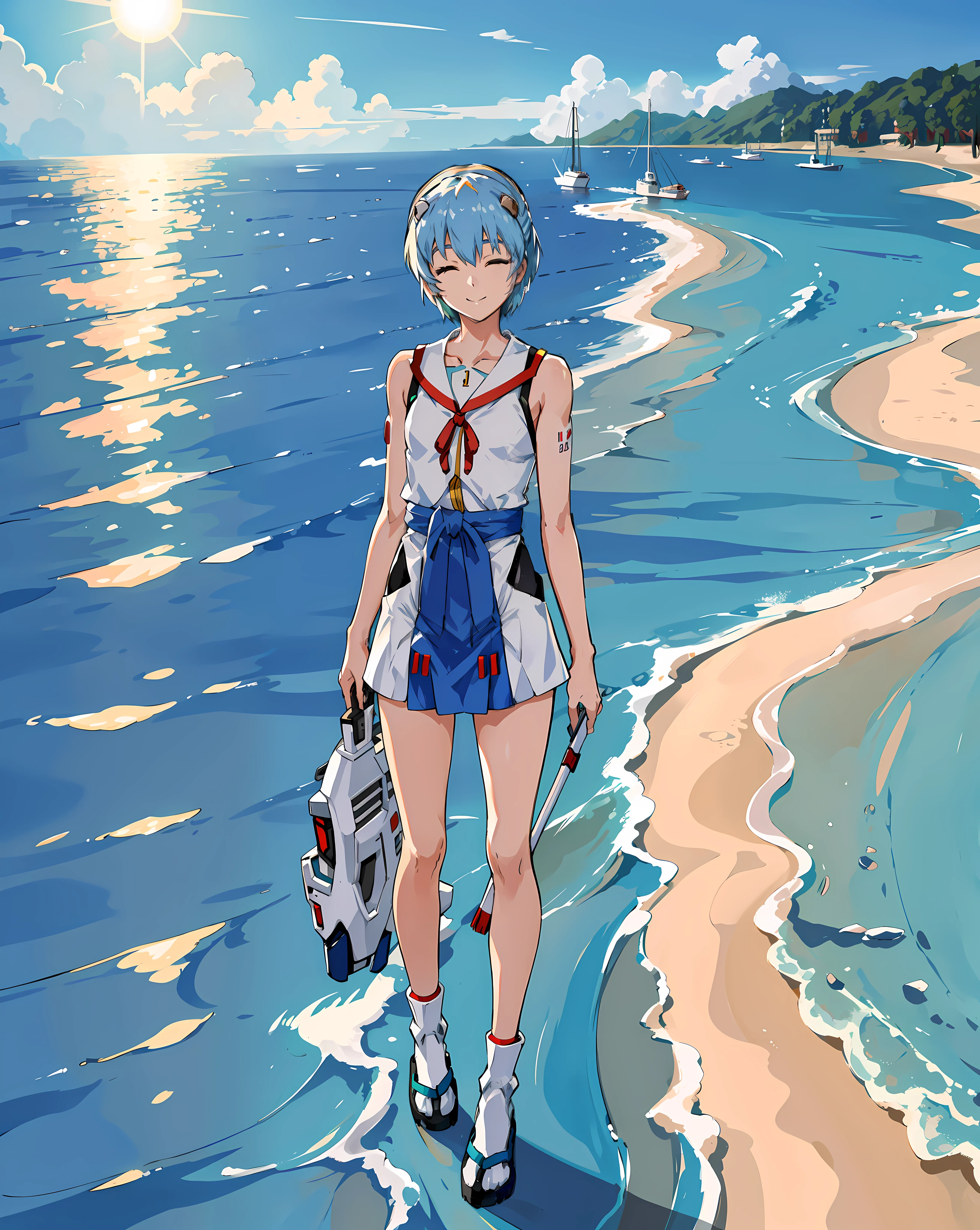 "(Rei Ayanami)), Best Quality, Ultra High Detail, Ocean of Sun, Standing Stance, Selected Blend Angle: 1.1, Smile and Close Your Eyes and Tilt Your Head,"