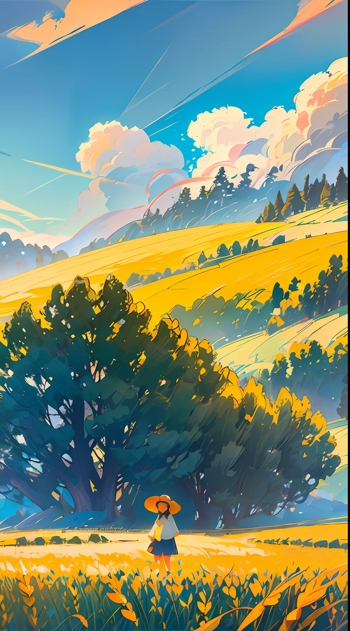 Wheat field, a farmer uncle with a straw hat standing in a wheat field, big clouds, blue sky, rice field, neat rice seedlings in the field, forest, hillside, secluded, rural, HD detail, hyper-detail, cinematic, surrealism, soft light, deep field focus bokeh, ray tracing and surrealism. --v6