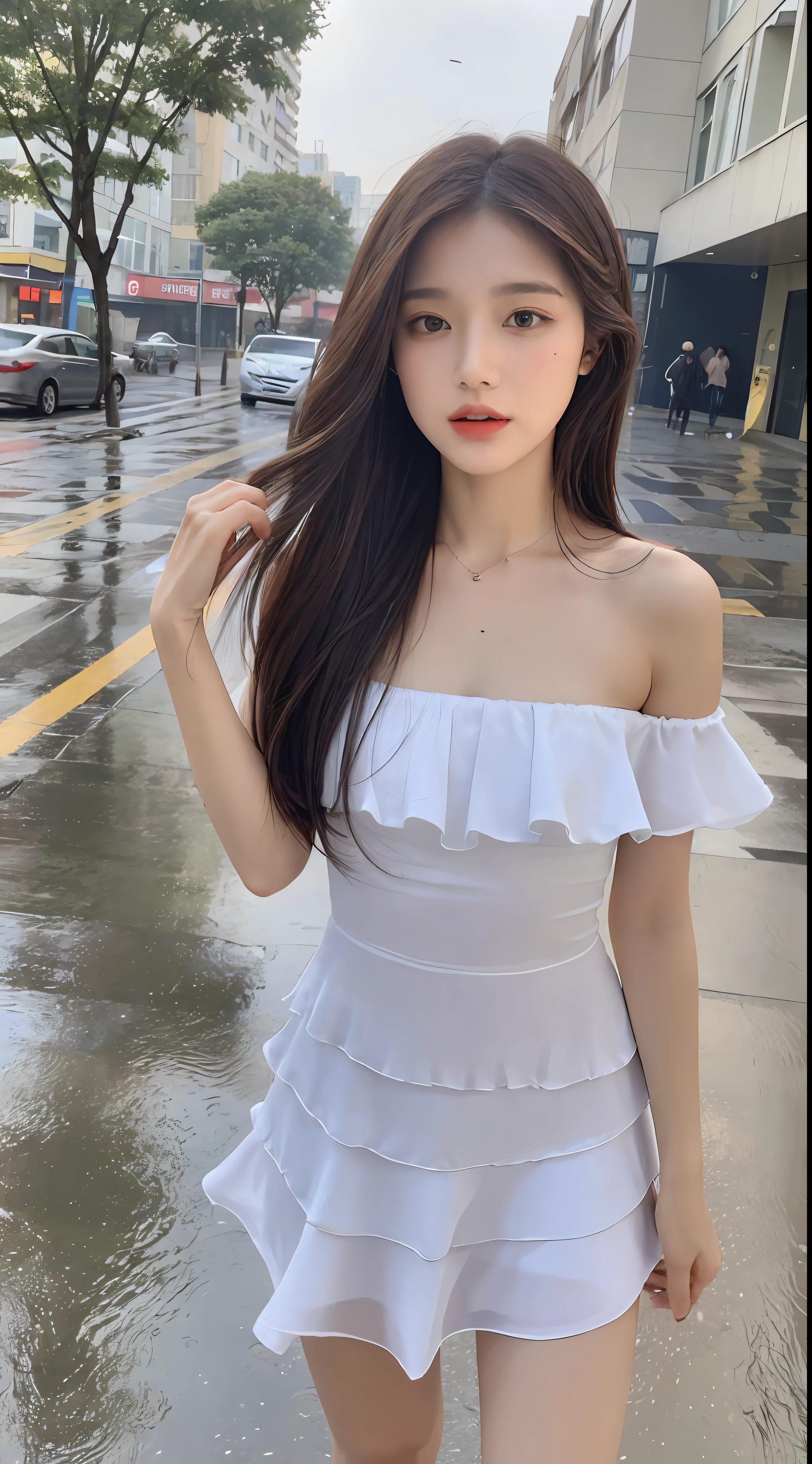 ((Best Quality, 8k, Masterpiece: 1.3)), Focus: 1.2, Perfect Body Beauty: 1.4, Buttocks: 1.2, ((Layered Haircut, Flat Chest: 1.2)), (Rain, Street:1.3), Bandeau Dress: 1.1, Highly Detailed Face and Skin Texture, Fine Eyes, Double Eyelids, Whitened Skin, Long Hair, (Shut Up: 1.3), Full Body