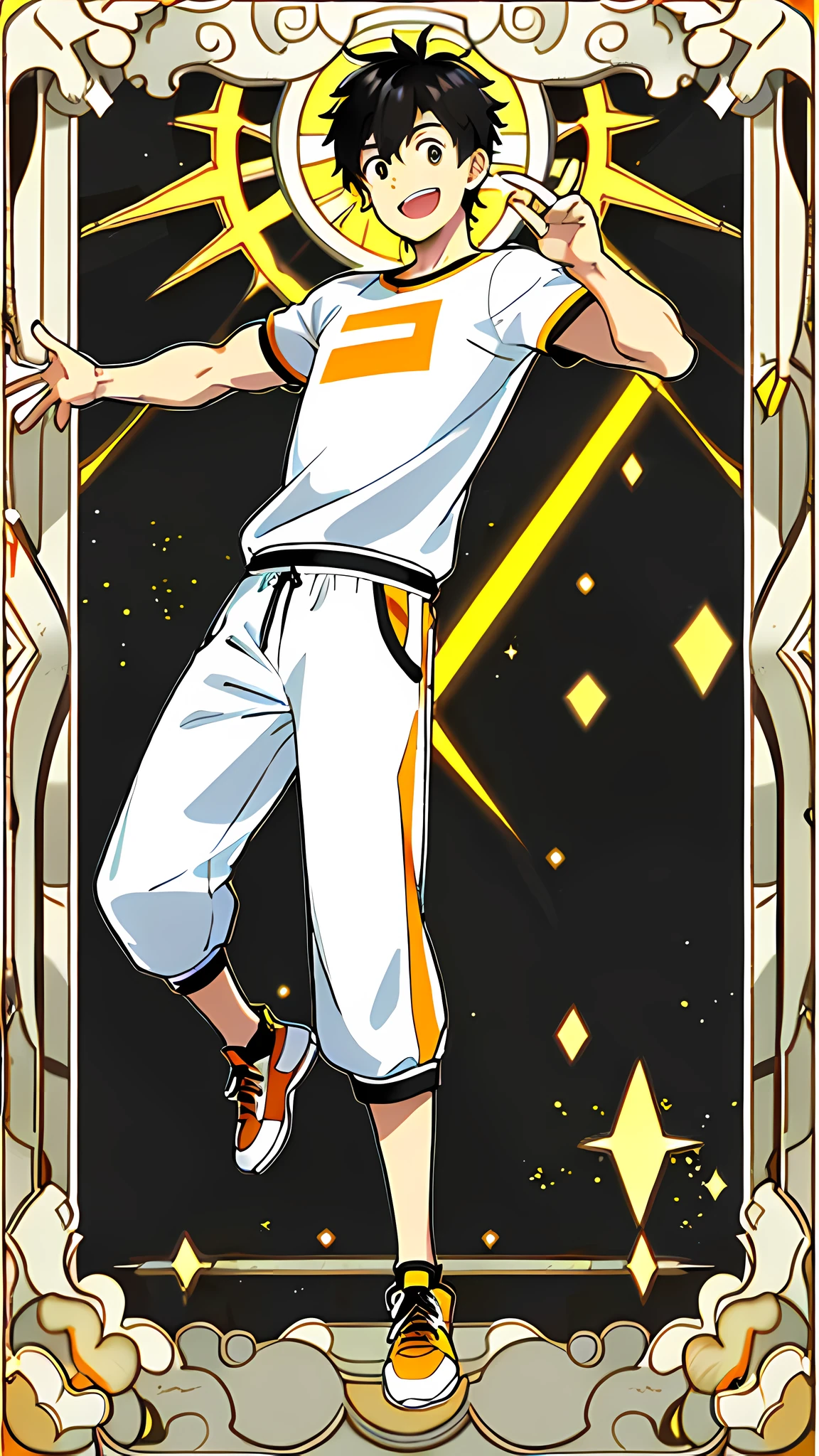 masterpiece, best quality, full body, card, 1 man, the sun, happy, laugh, short hair, black hair, standing, white, light,  yellow, orange, black,  buzz cut, bara, street style, white t-shirt, sport, center, man, looking at viewer, holding nothing, dancer, street, electric, hiphop,