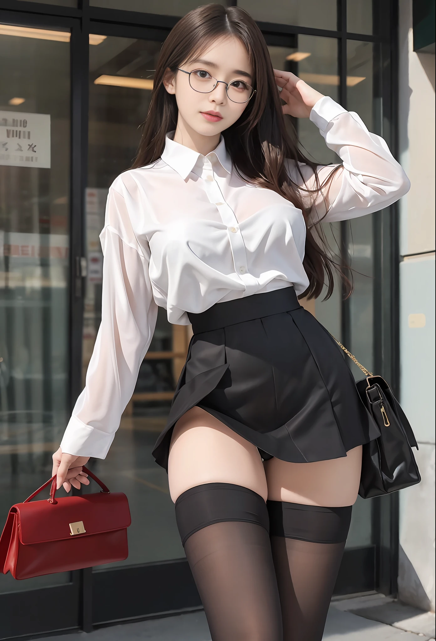 ulzzang-6500-v1.1, (raw photo:1.2), (photorealistic:1.4), beautiful detailed girl, very detailed eyes and face, beautiful detailed eyes, ridiculous, incredibly ridiculous, huge file size, super detailed, high resolution, very detailed, best quality, masterpiece, ((fashion clothing with diverse colors)), illustration, very detailed, CG, unified, 8k wallpaper, amazing, fine detail, masterpiece ,best quality, very detailed CG uniform 8k wallpaper, light on face, movie lighting, 1girl, , long white hair, side splits, (big breasts), (no panties)), (glasses), ((dynamic pose))), ((sexy pose))), (camel toe), (half), (pantyhose)), ((black hip skirt))