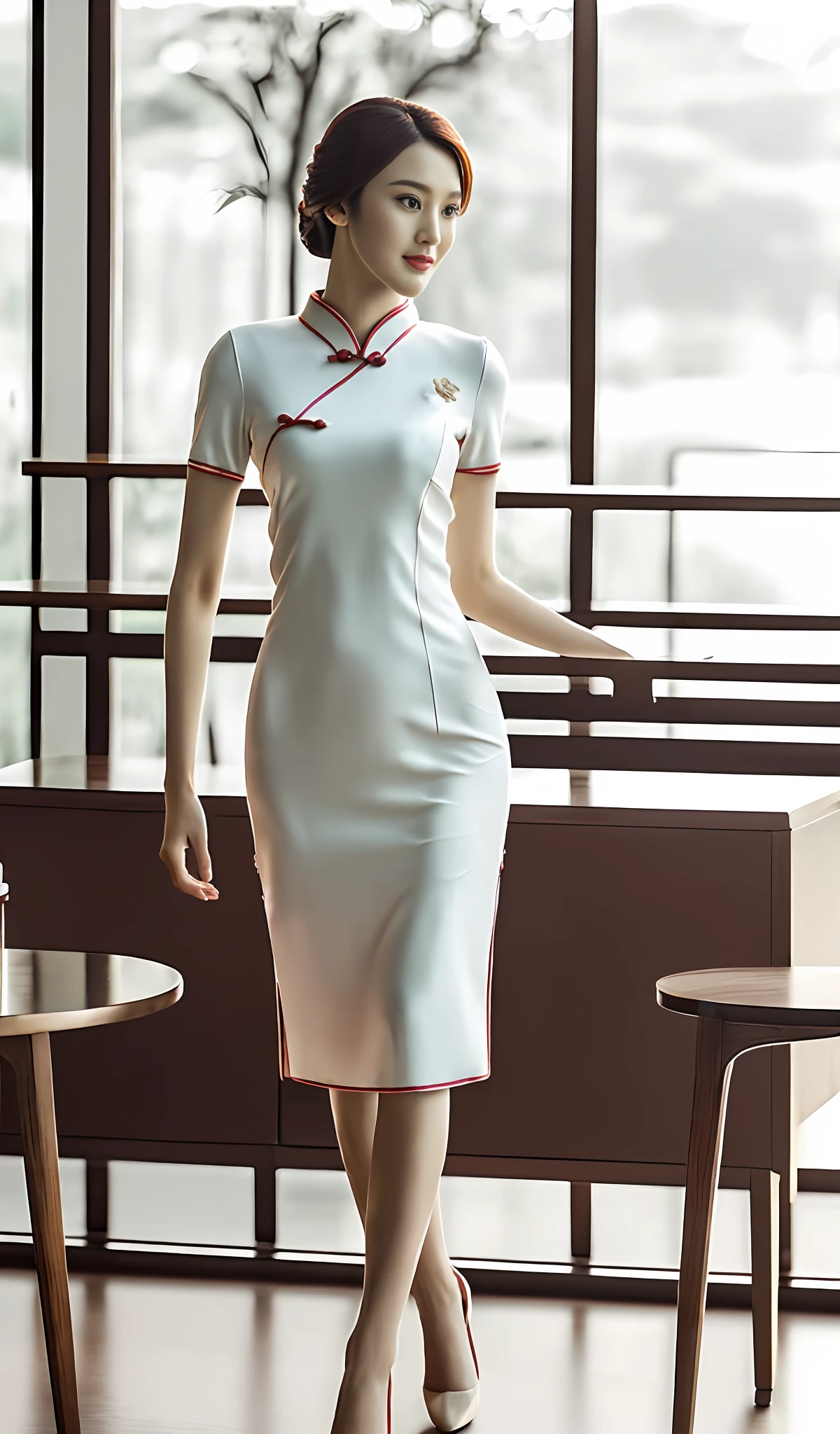 (4K Ultra HD, CG unity, fresh and comfortable, elegant, dignified atmosphere) standing (standing: 2), (beauty, porcelain skirt cheongsam, slender, delicate face, soft light, red tone) to the wind, hand (delicate handbag), table (sandalwood coffee, set off the atmosphere), bright background, atmosphere in line with the shape, JIMMY violet pink heels