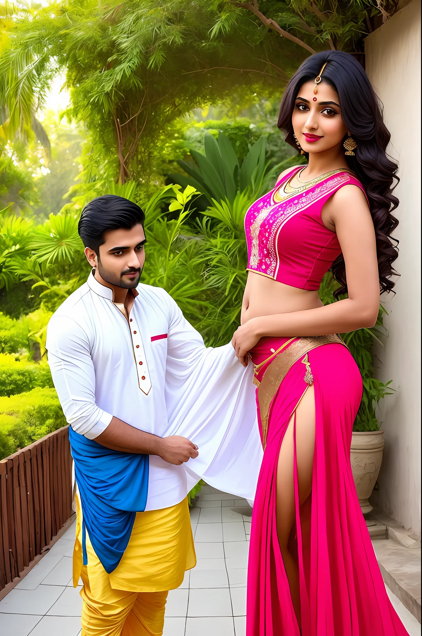A man  wear kurta touching Indian girl stomach with 1 Indian girl beautiful face with lipstick wear Indian  light  dress full body pose in front of camera realistic masterpiece image. Girl show stomach long leg. Sexy cauple. Garden view. A man body muscular