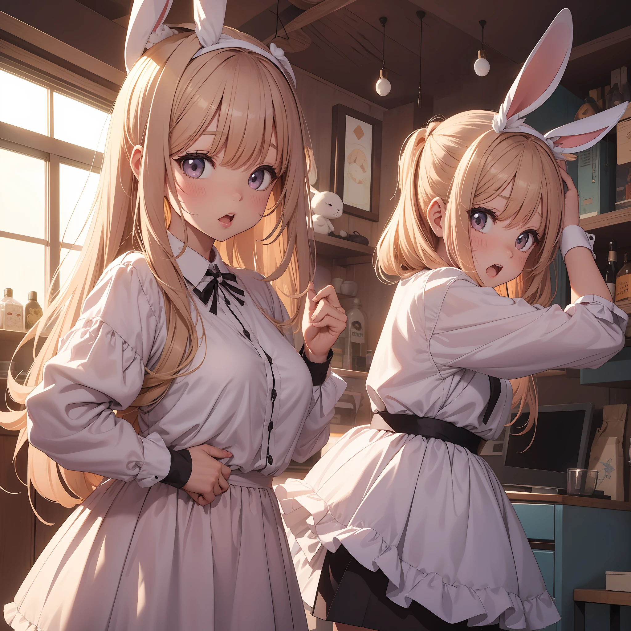Rabbit-eared girl Surprised face Super giant rabbit doll behind