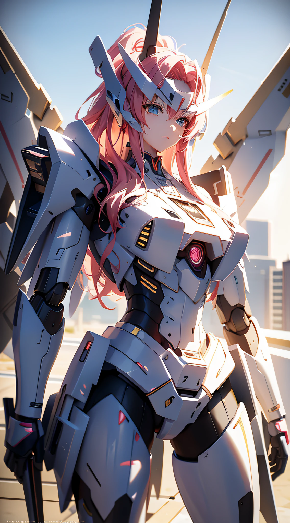 There is a large robot standing on the platform with female mecha, best anime 4k konachan wallpaper, detailed digital anime art, anime mecha aesthetics, detailed anime art, detailed anime artwork, anime wallpaper 4 K, anime wallpaper 4k, advanced digital anime art, 4k anime wallpaper, badass anime 8 k, anime art wallpaper 4k, anime art wallpaper 4k