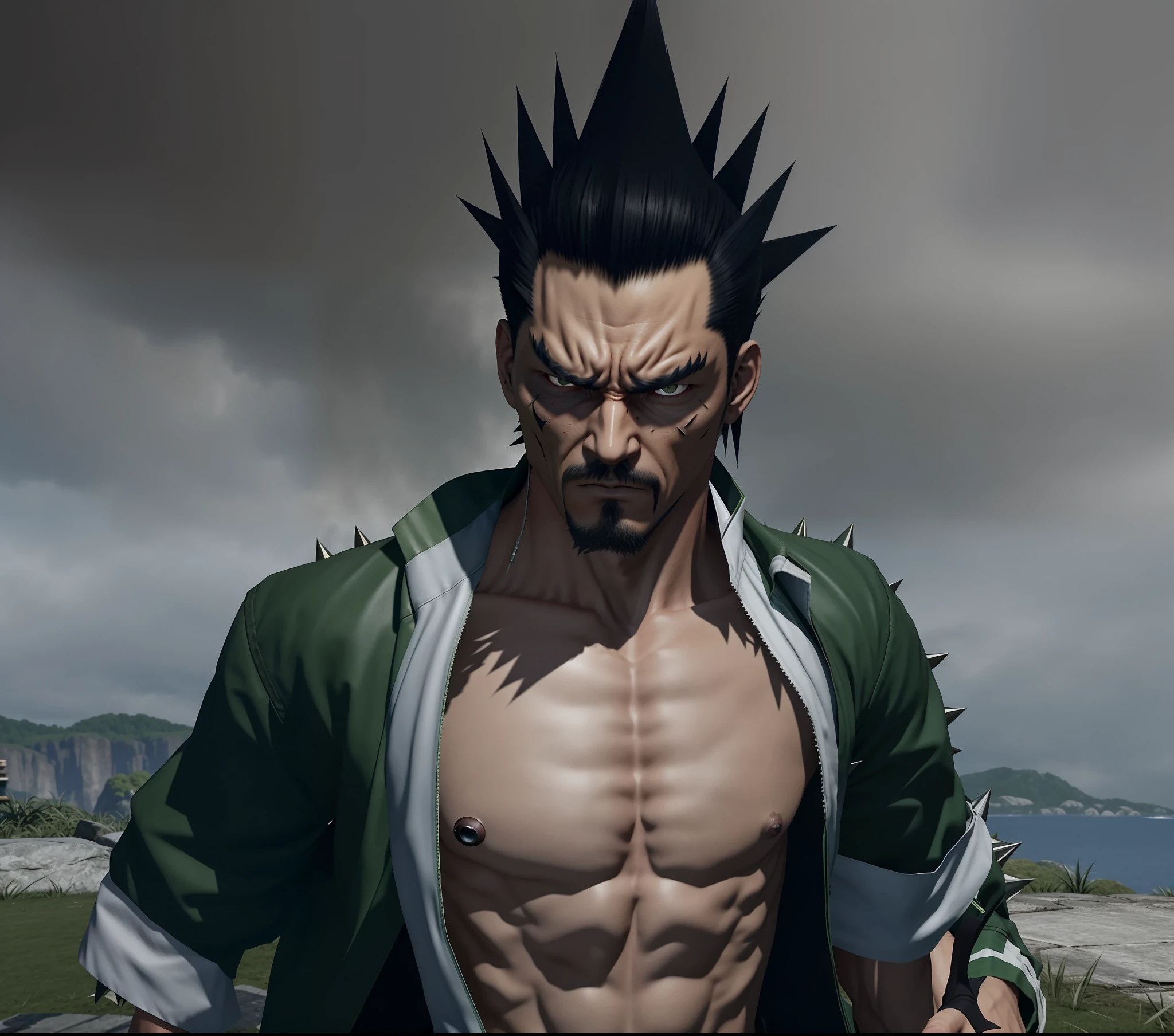 there is a man with a spiked head and a green jacket, as a character in tekken, shinkiro toshiaki mori, of virtua figther, menacing pose, tsurumaki kazuya, second life avatar, wielding kunai, shinkiro, roguish smirk, intimidating stance, scary angry pose, spiky skin, inspired by Dai Jin