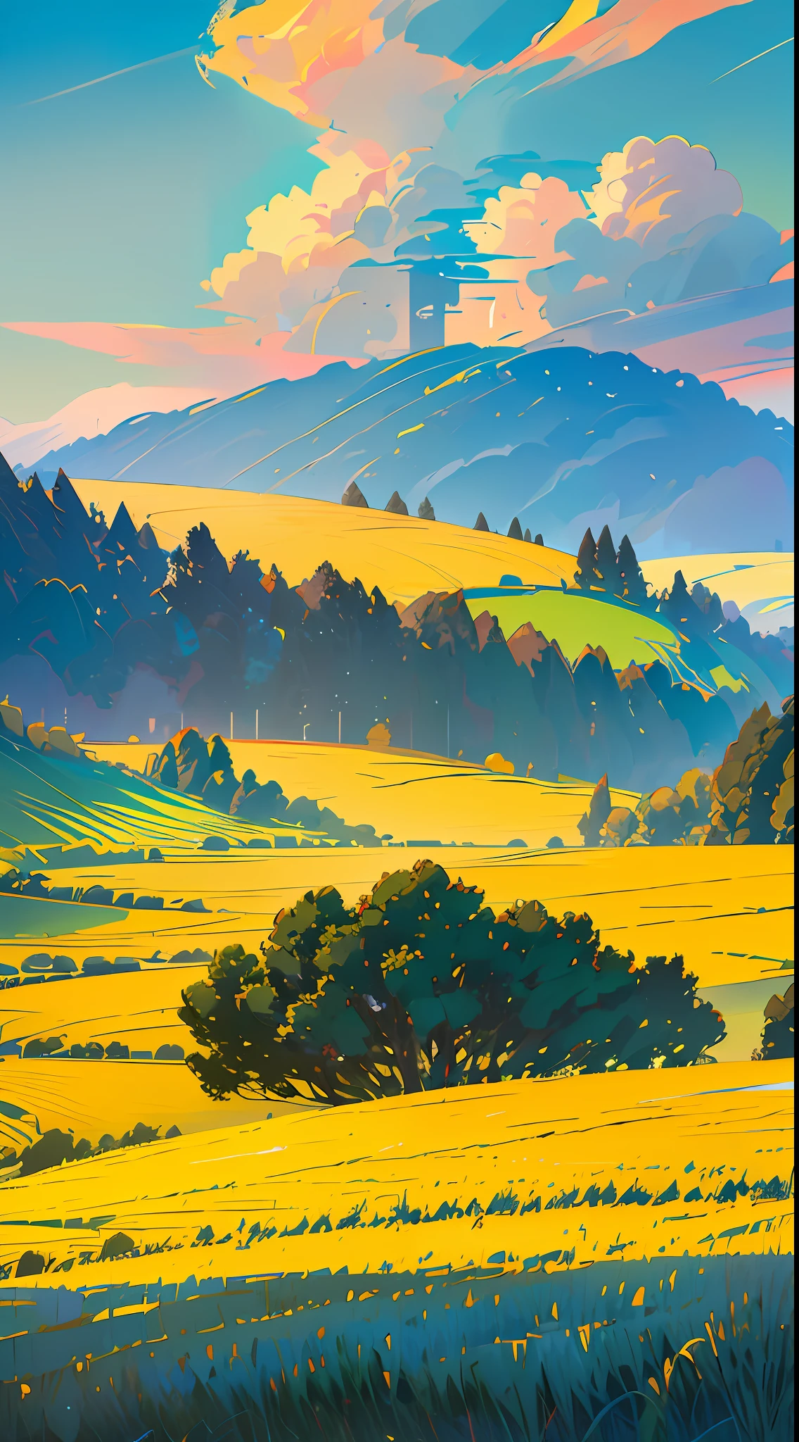 Wheat fields, vistas, big clouds, blue sky, rice fields, neat rice seedlings in the fields, forests, hillsides, secluded, countryside, HD detail, hyper-detail, cinematic, surrealism, soft light, deep field focus bokeh, ray tracing and surrealism. --v6