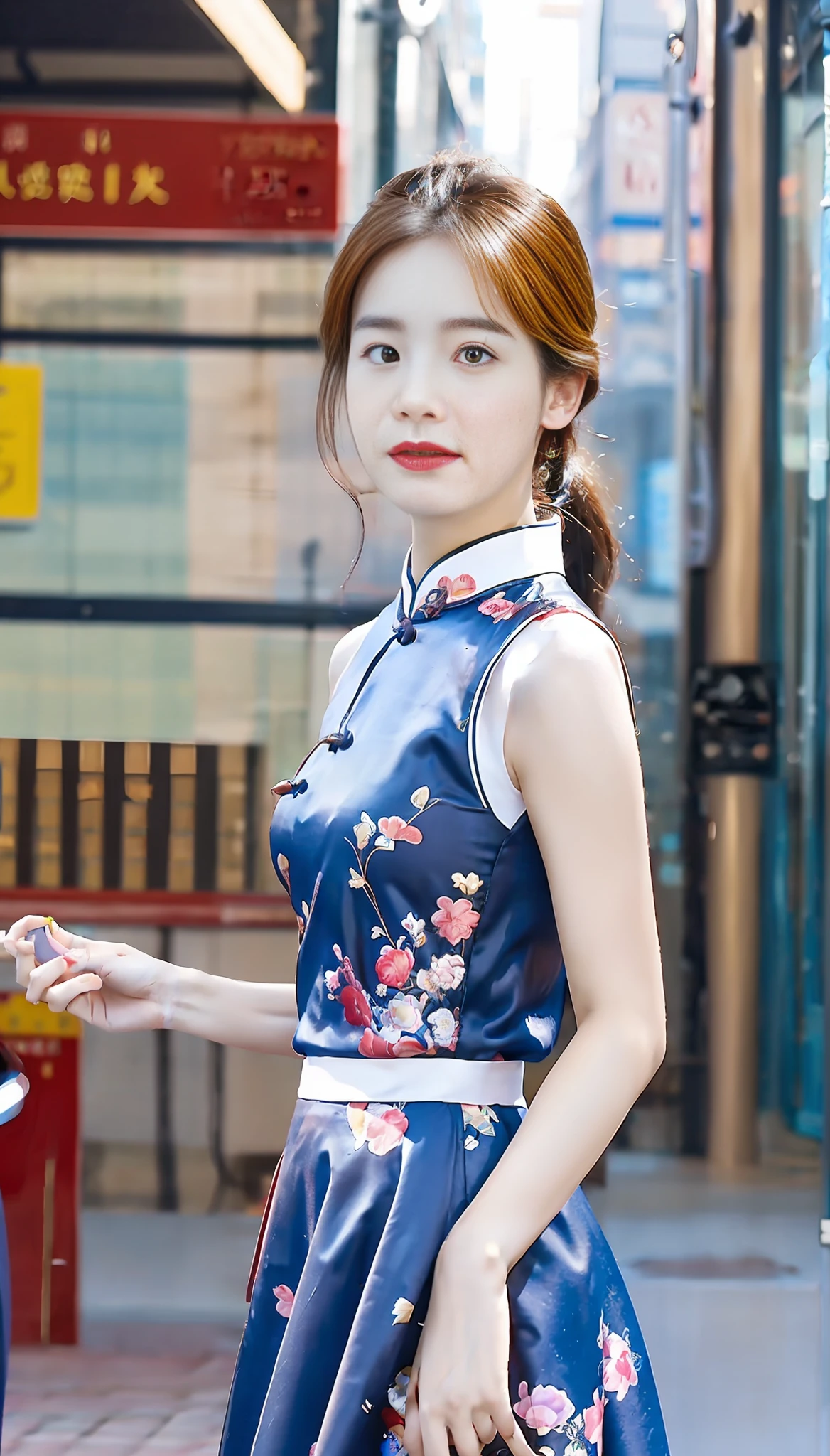 ((Realistic lighting, Best Quality,, Masterpiece: 1.3)), 1girl, perfect beauty with figure, like Liu Yifei, super fine face, porcelain skirt cheongsam, photography, Darwin light, city street, full body photo: 2, high heels