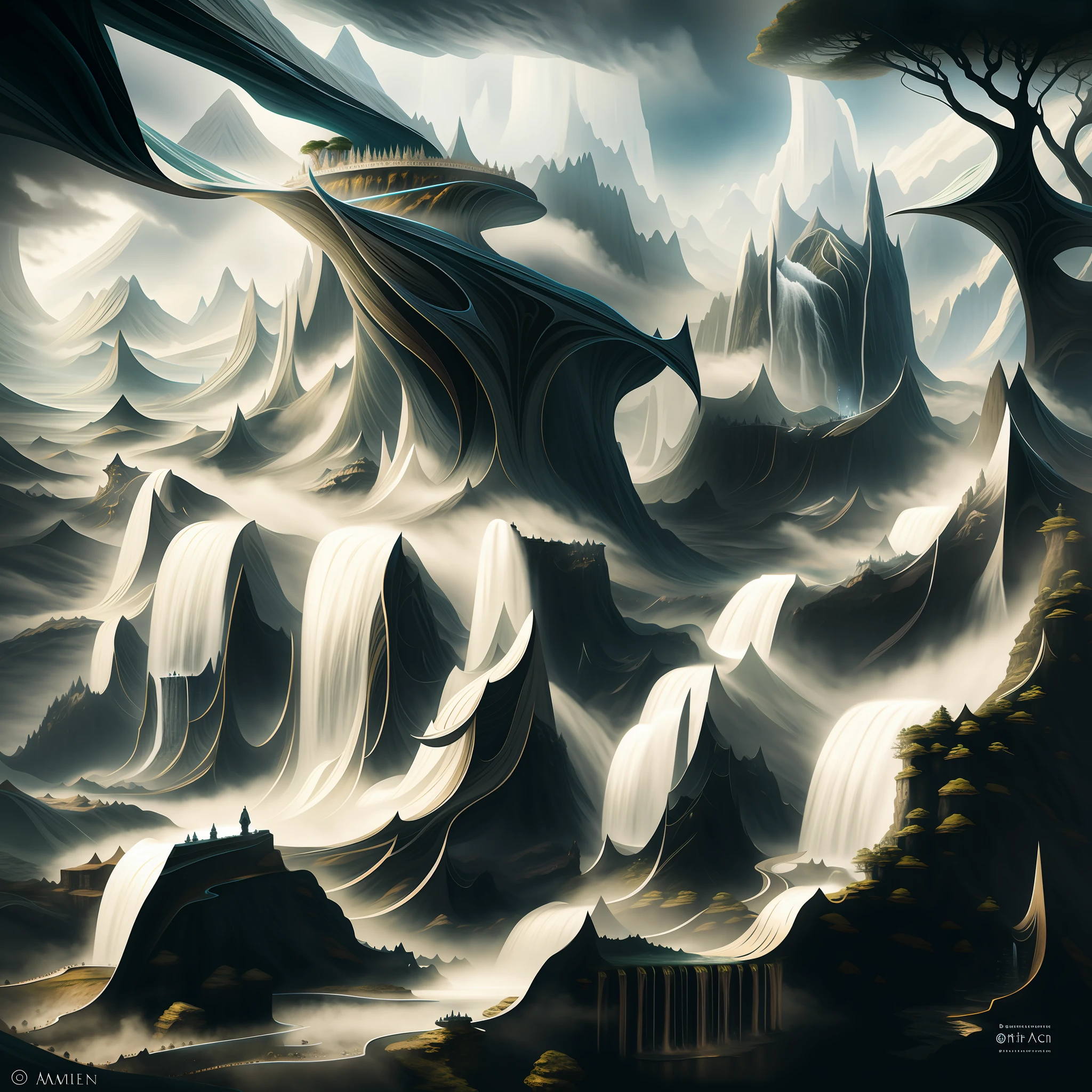 there is a digital painting of a mountain with a waterfall, symmetrical epic fantasy art, organic matte painting, most epic landscape, matte digital painting, illustration matte painting, surreal concept art, matte painting ”, matte painting”, dramatic concept art, epic fantasy digital art style, floating mountains, detailed fantasy digital art, dreamlike digital painting, fractal landscape, alien waterfall