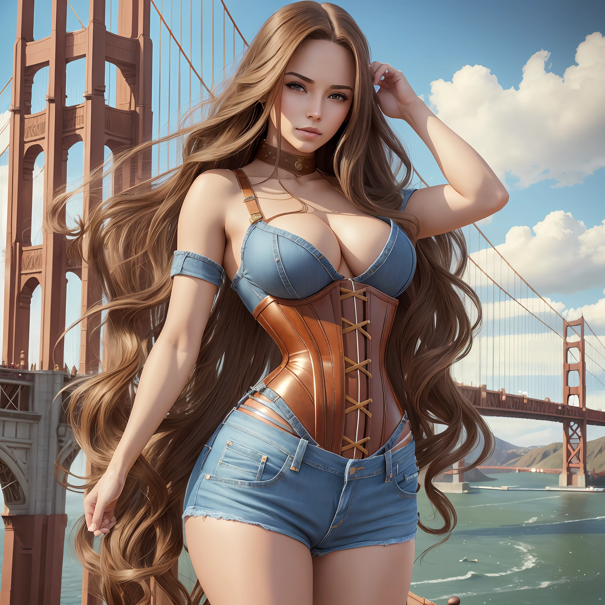 . Beautiful woman with very long hair. Light brown hair. (BIG TITS :1.4), narrow waist. Dressed in jeans and red corset. . Standing on the golden gate bridge. Photorealistic, hyperdetailed, high quality, 8k --auto --s2