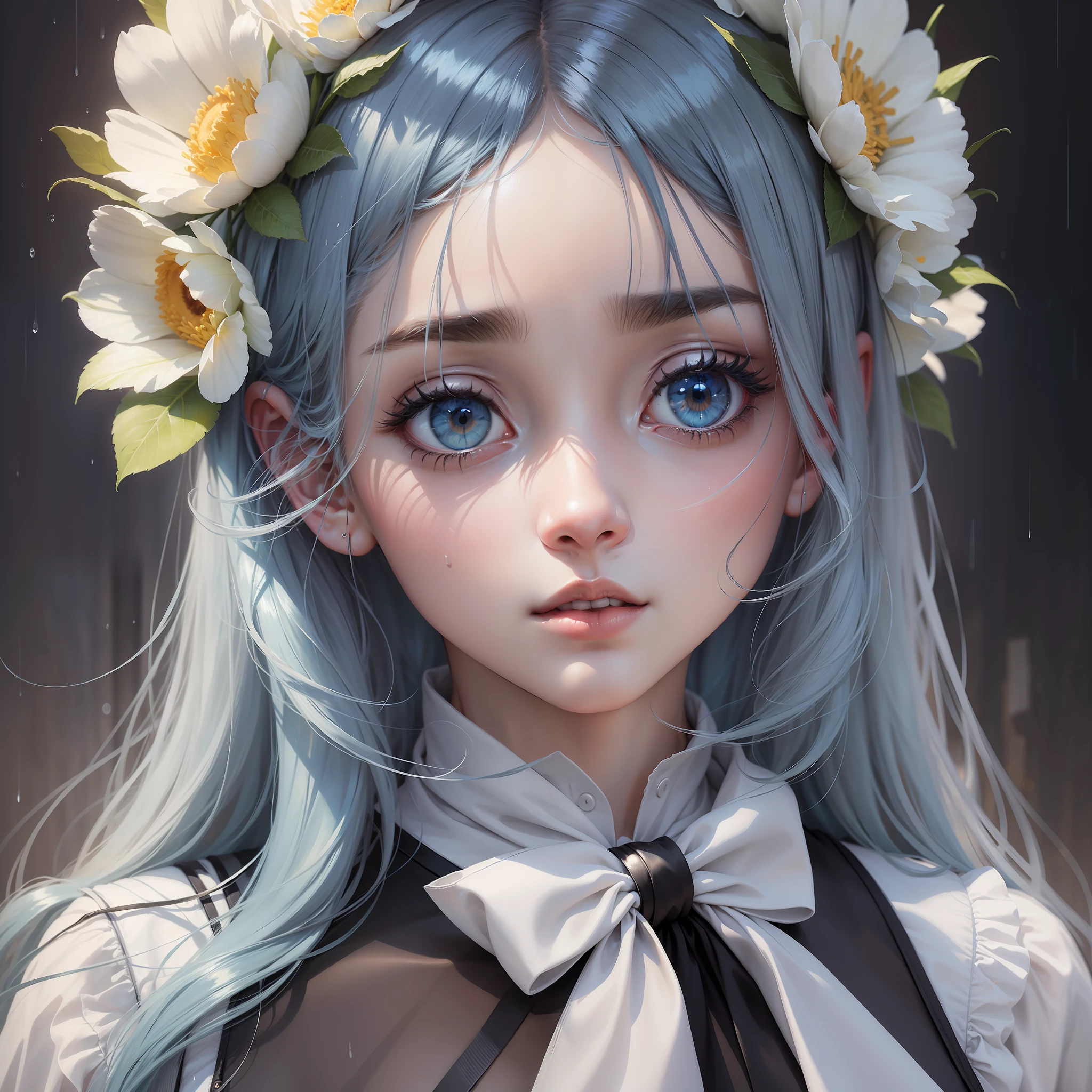 Masterpiece, Superb Painting, Illustration, {Beautiful and Delicate Girl}, Beautiful Halo, Atmosphere of War, Background of Nuclear Explosion, In the Rain, Detail Lighting, Detail Flow, Beautiful Eyes, Expressionless, Court Atmosphere, Blue Hair, Radiance, Long Bangs, Eyebrows, White-gray Dress, Black Ribbon, White Bow Tie, Upper Body Nudity, Large Forehead, Dumb, Flowers, Long-sleeved Clothing. --auto --s2