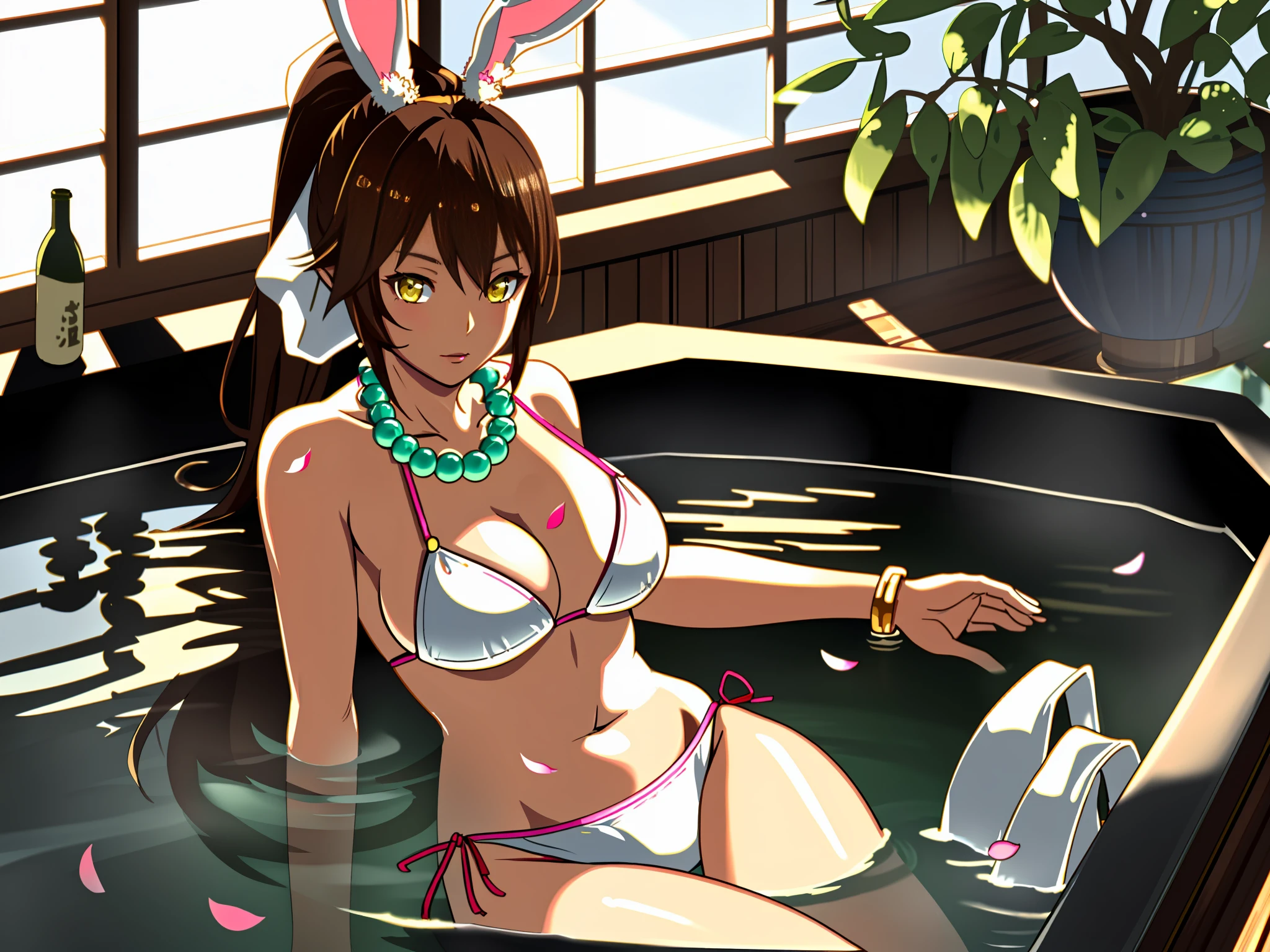 masterpiece, best quality, 8k, a rabbit woman sitting in the water in a Japanese bathtub with sake bottles on her side and towels folded in the background, dark brown hair, ponytail hairstyle, clear water to see the whole body, wet effect, fog because of hot water, japanese house, Japanese bathtub, Bunny Girl,  with rabbit ears, rabbit ears, half bunny, came final fantasy xiv, ultra-realistic Sweet Bunny Girl, with big rabbit ears, tranding in PXIV, wearing a white bikini tied in front with the bow between her breasts, large breasts, tattoo of pink cherry petals from the left shoulder to the hand and from the left buttock to the calf,  Sunglasses over the head, large brown bead necklace, Maori bracelet on the left arm in yellow and white color, ultra realistic eyes, high definition eyes, 8K, best quality eyes, bright eyes, one eye of each color, blue right eye, green left eye.