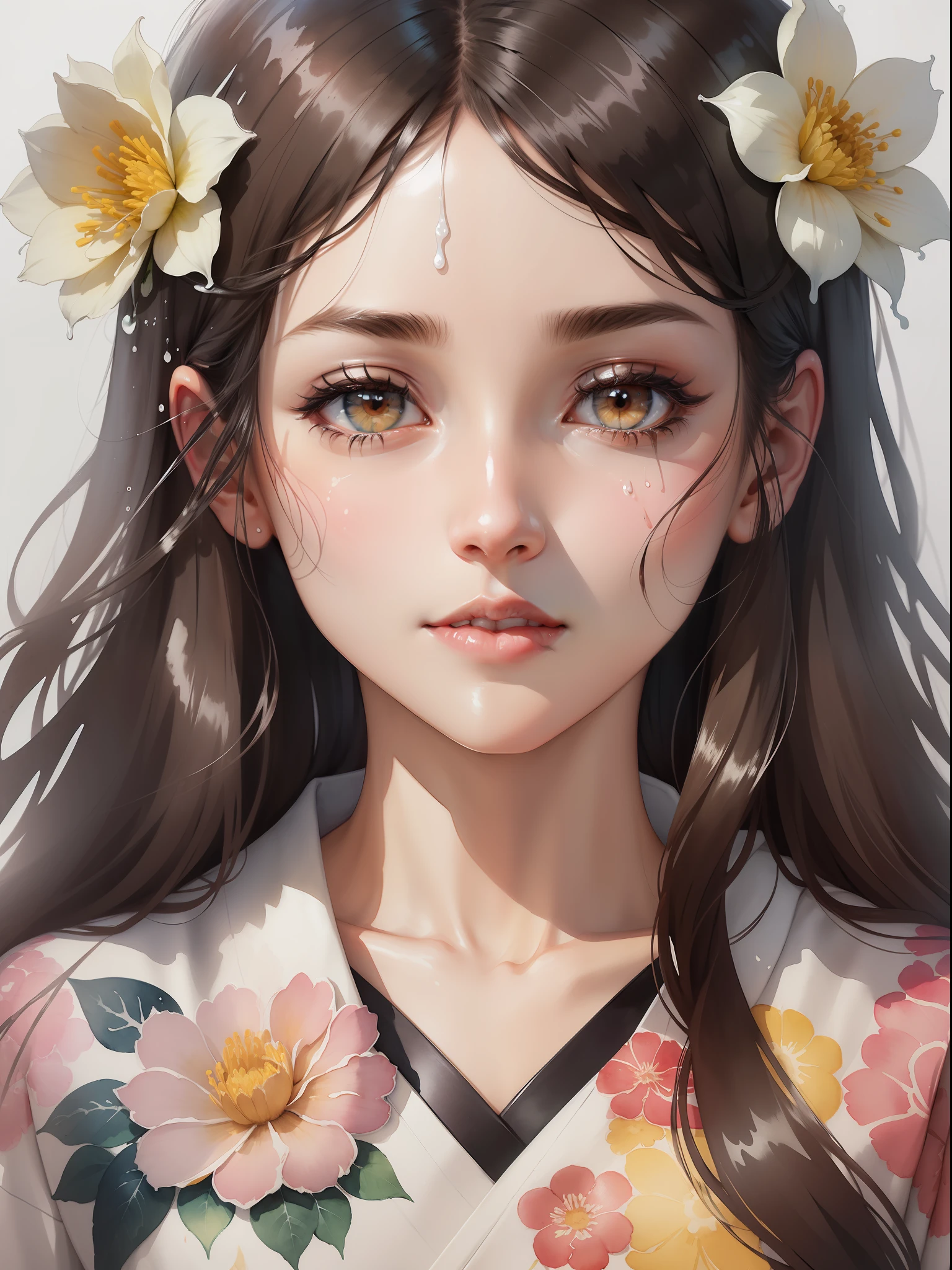 (Rough handmade sketch) Attractive, intricate and very detailed line art, watercolor illustration of a woman's head with ornaments made of flowers, angle of view that shows everything up to the floral ornament on the head, floral kimono, tetradic color, colorful and very detailed dark brown eyes, beautiful eyes, hazelnut eyes, black hair, straight and shiny long hair, perfectly centered image, (white background with watercolor splash), focus on face line, ((dripping watercolor)) ink contours, 32K, top quality