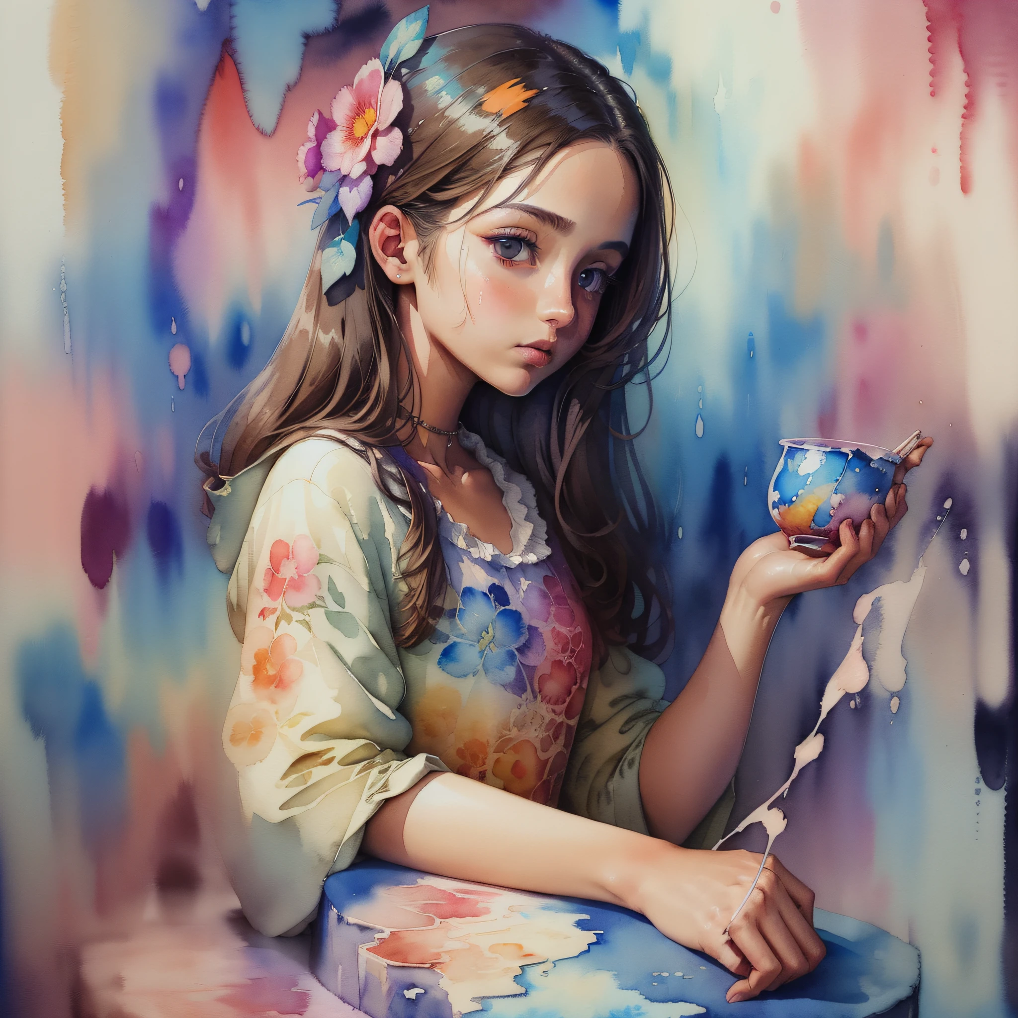 (masterpiece, top quality, best quality, official art, beautiful and aesthetic:1.2), (1girl:1.3), extreme detailed,colorful,highest detailed,(watercolour painting:1.3), optical mixing, playful patterns, lively texture, rich colors, unique visual effect