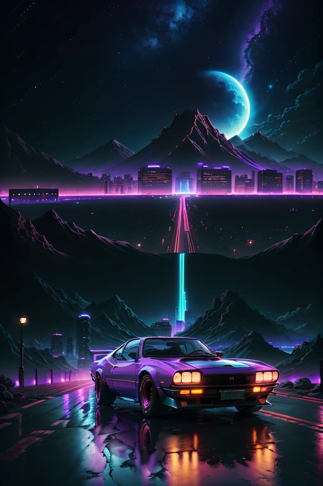retrowave. city, 1969 Nissan S30, wide body kit, road, purple neon lights, sun, mountain,
(masterpiece,detailed,highres),