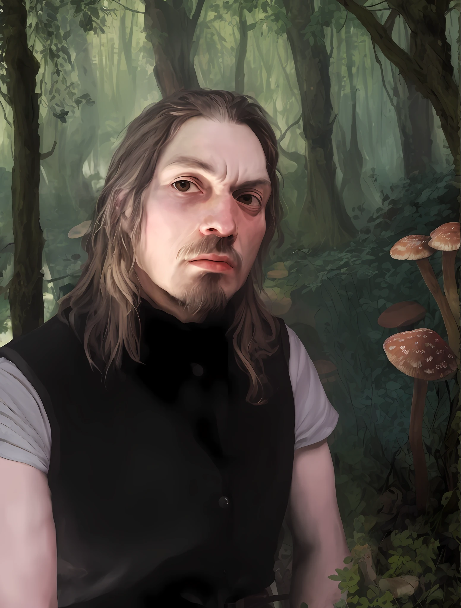 A man, masterpiece, best quality, ((masterpiece)), ((illustration)) ((best quality)), (ultra-detailed), (offical art), decaying, blood, rotting, mushroom clothes, consumed by flora, consumed by mushrooms, covered in mushrooms, covered in flora, mooshrooms, lush john 8k woods, bright witch, covered in flora, best quality, masterpiece in the style of (Rembrandt:1.1), (Caravaggio:1.1),