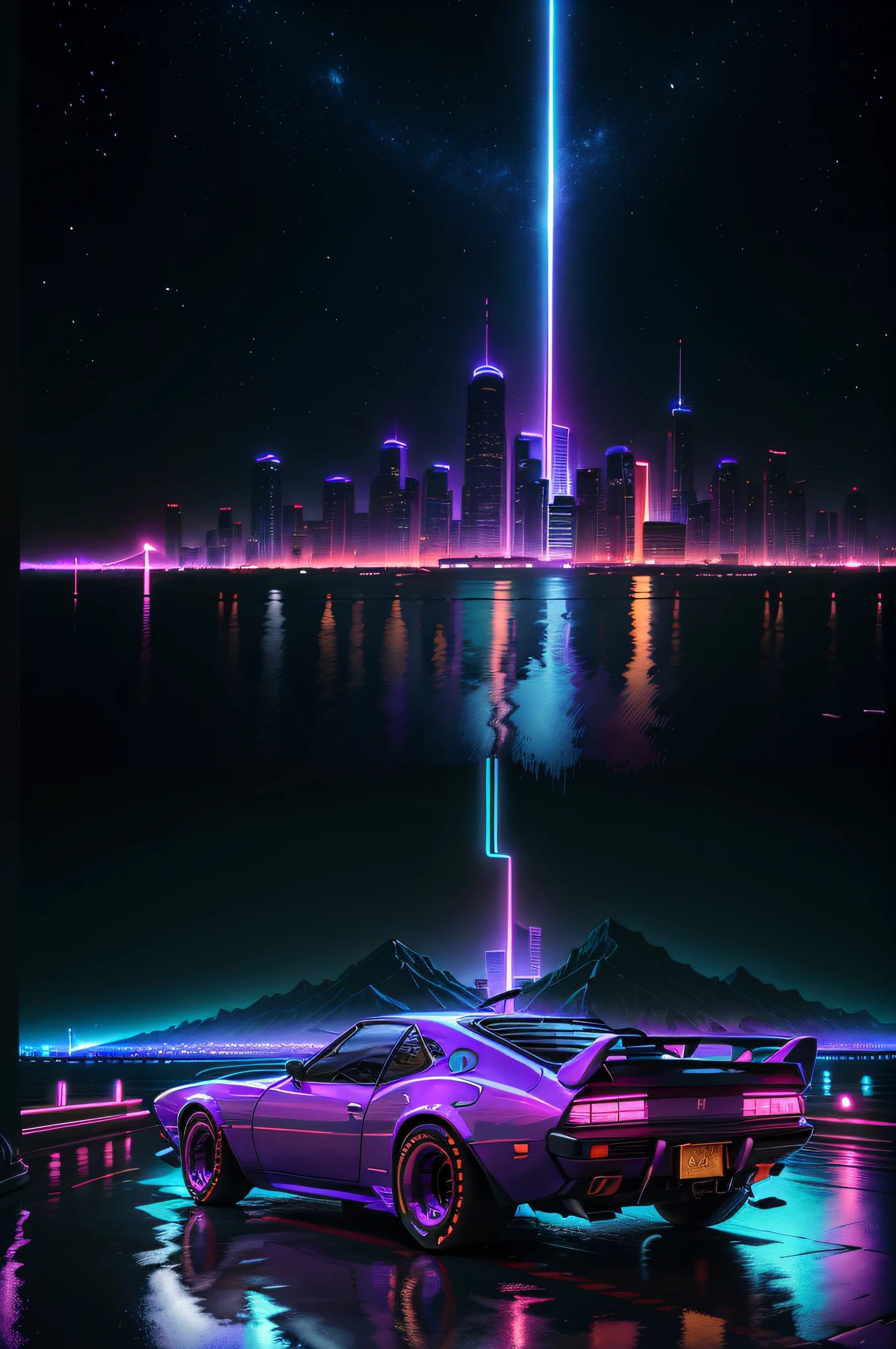 retrowave. city, 1969 Nissan S30, wide body kit, road,  purple neon lights, sun, mountain, 
(masterpiece,detailed,highres),