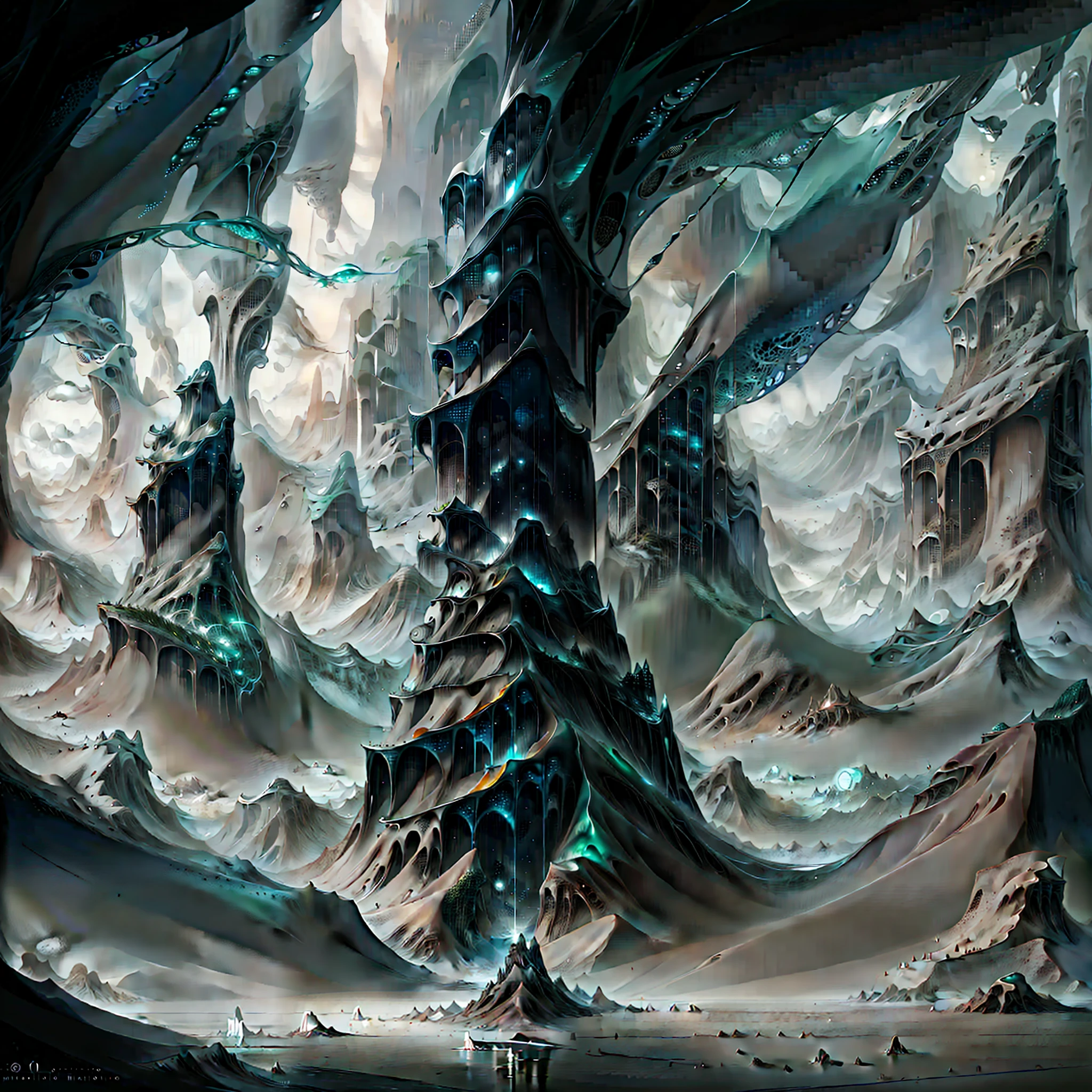 there is a digital painting of a mountain with a waterfall, symmetrical epic fantasy art, organic matte painting, most epic landscape, matte digital painting, illustration matte painting, surreal concept art, matte painting ”, matte painting”, dramatic concept art, epic fantasy digital art style, floating mountains, detailed fantasy digital art, dreamlike digital painting, fractal landscape, alien waterfall